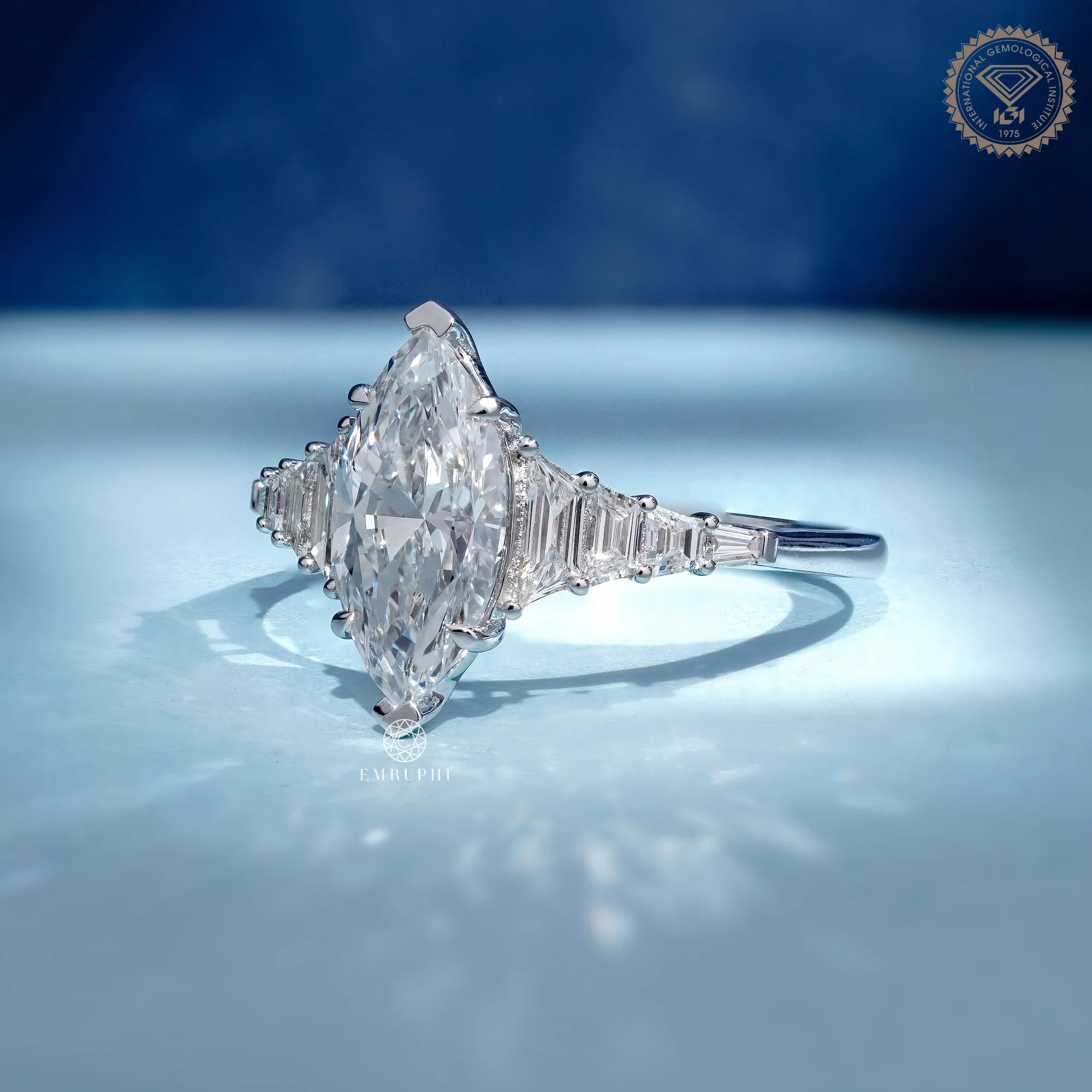 2 Carat Marquise Cut Lab Grown Diamond Engagement Ring, Art Deco Trapezoid Cut Side Stones — view 2