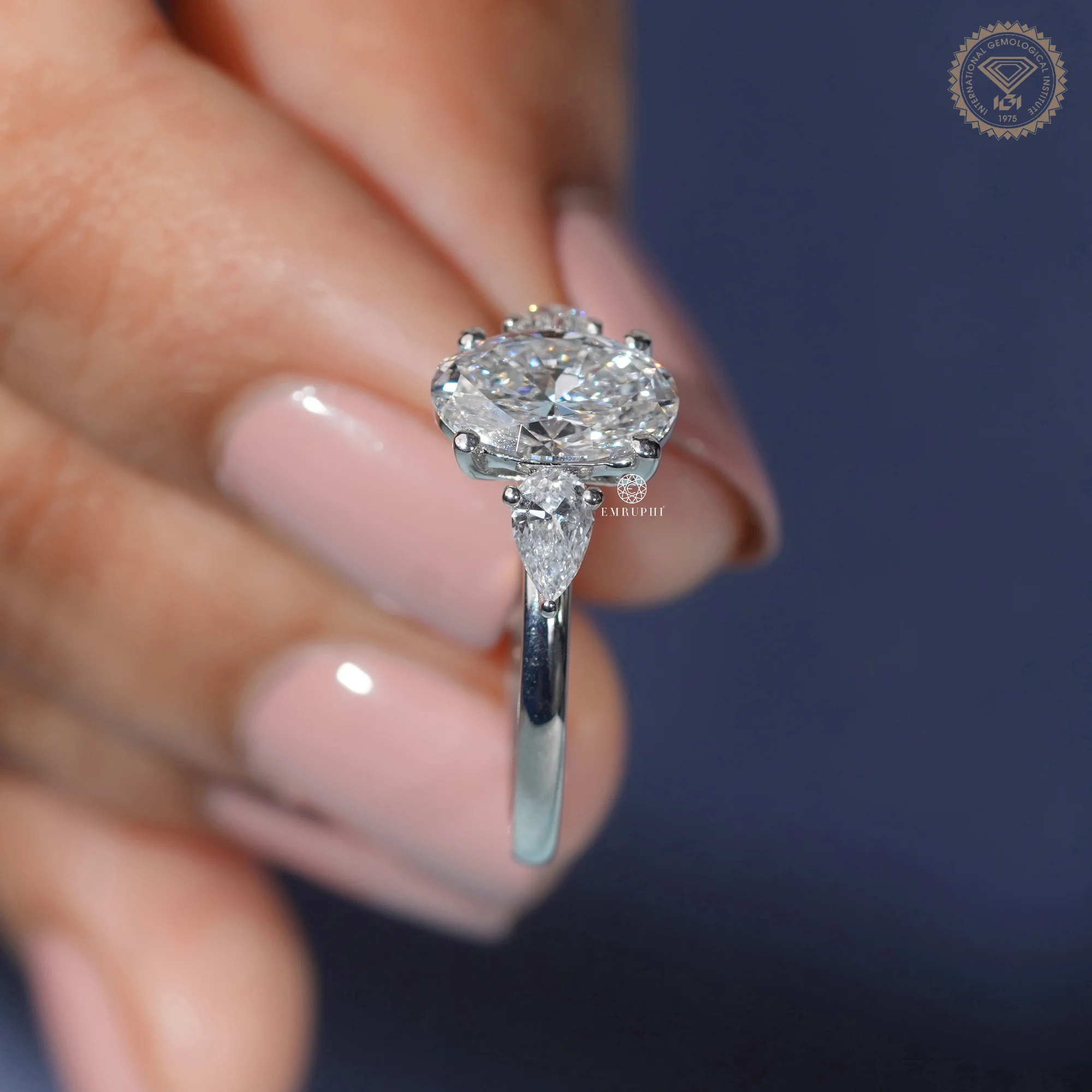 1.60 CT Oval Cut Lab Grown Engagement Ring With Pear Side Stone, Oval Three Stone Diamond Ring — view 6