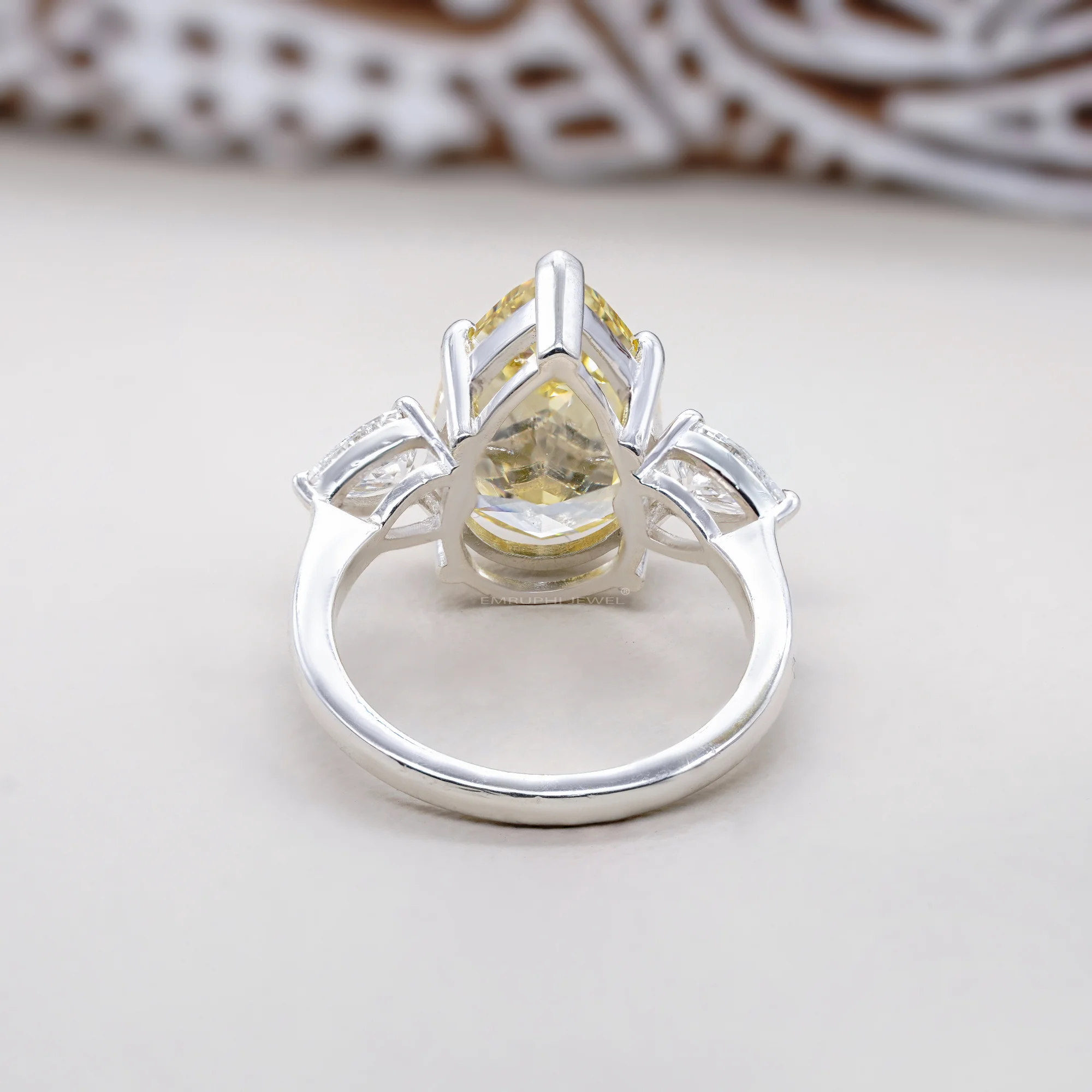 4 CT Lab Grown Yellow Pear Cut Diamond Ring With Side Stones, Three-Stone Wedding Ring — view 4
