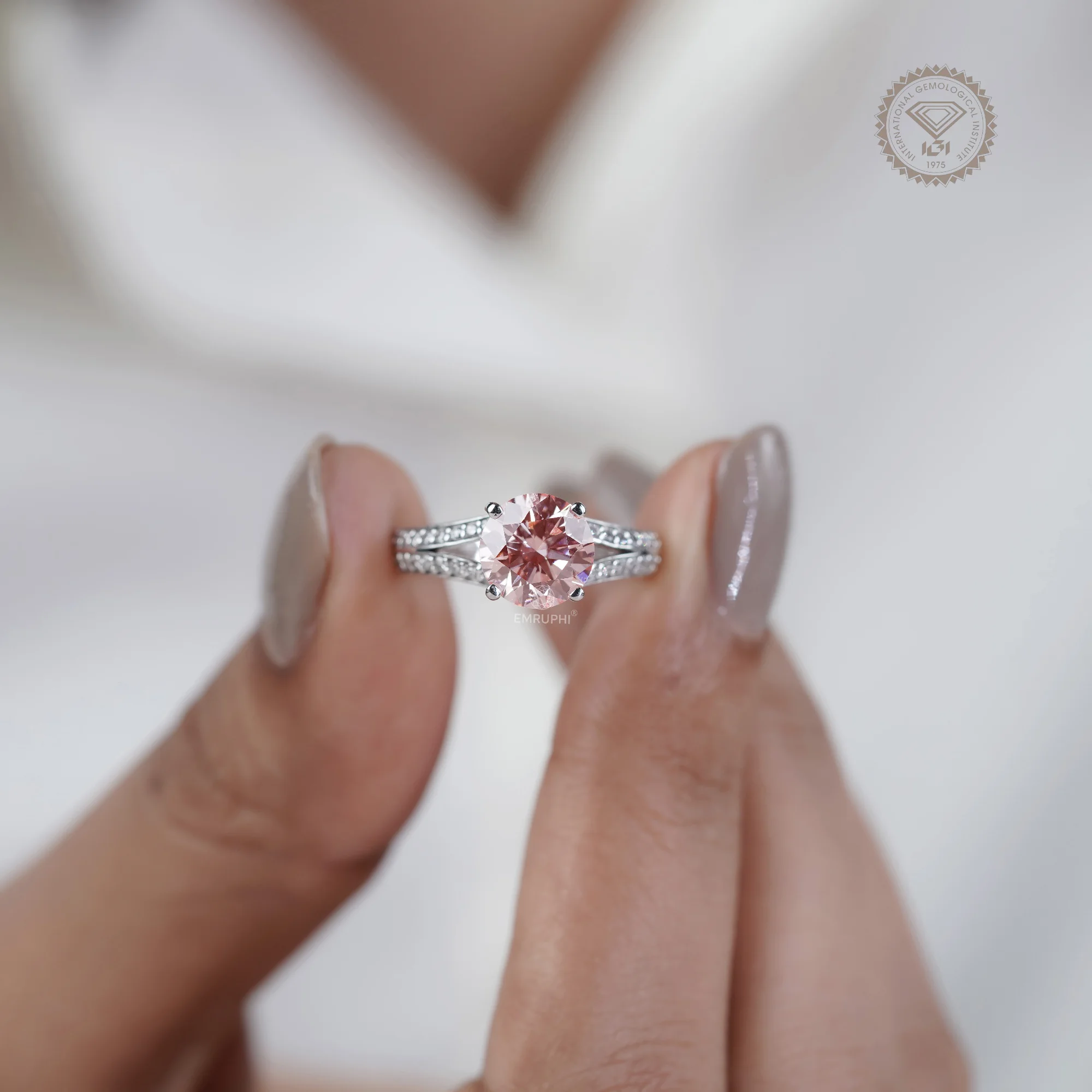 2.00 CT Pink Lab Diamond Engagement Ring, 14K White Gold Split Shank Ring — view 5