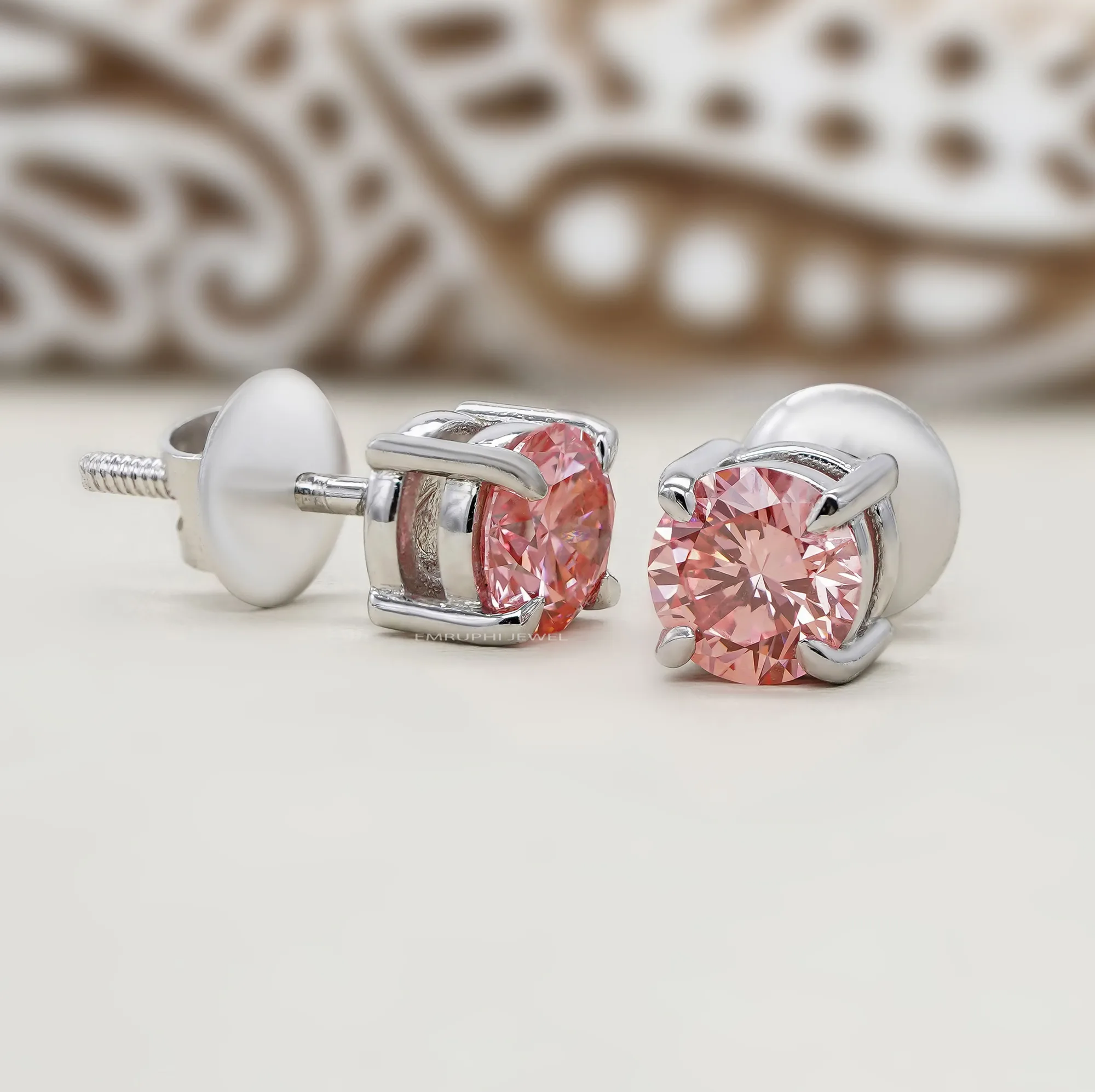 Lab Grown Pink Diamond Stud Earrings, 1 CT Round White Gold Solitaire (IGI Certified) — view 2