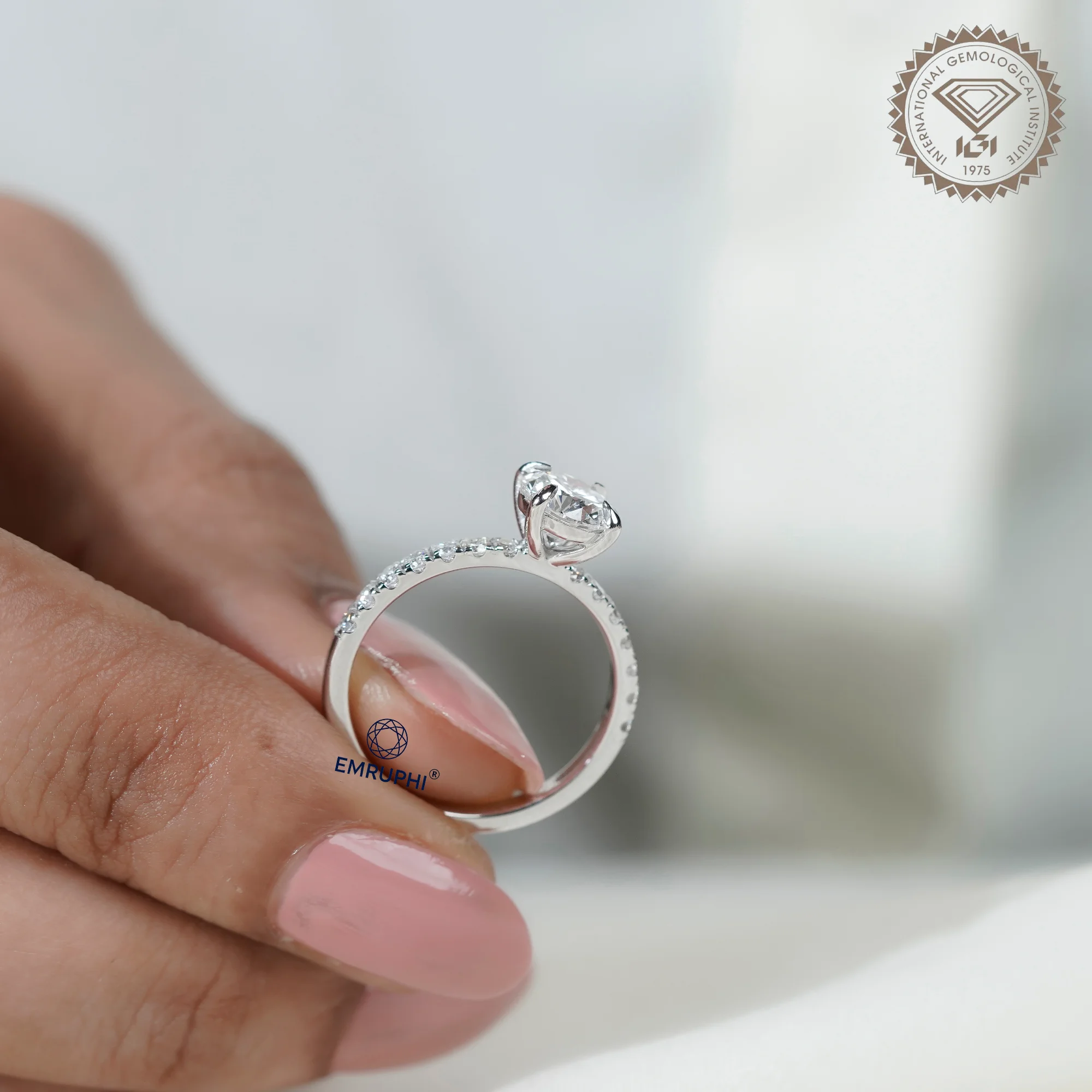 1 Carat Round Cut Lab Grown Diamond Engagement Ring, Pavé Side Stones — view 7