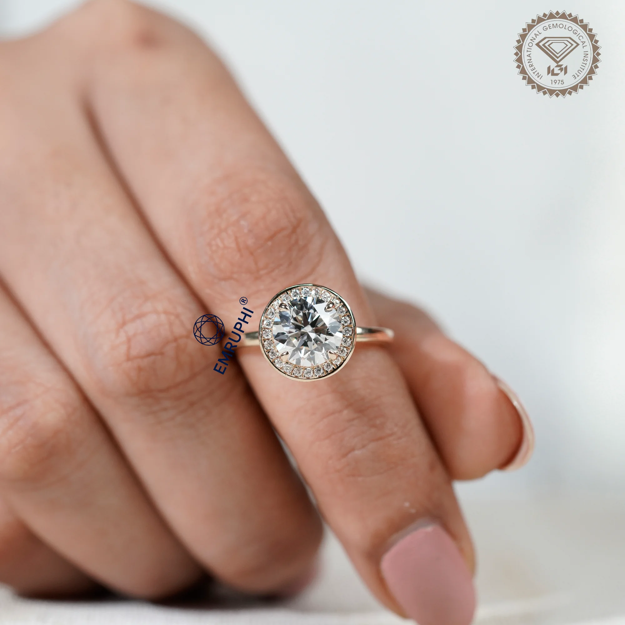Round Cut Halo Engagement Ring in 14k Gold, Bezel Set Wedding Ring — view 13