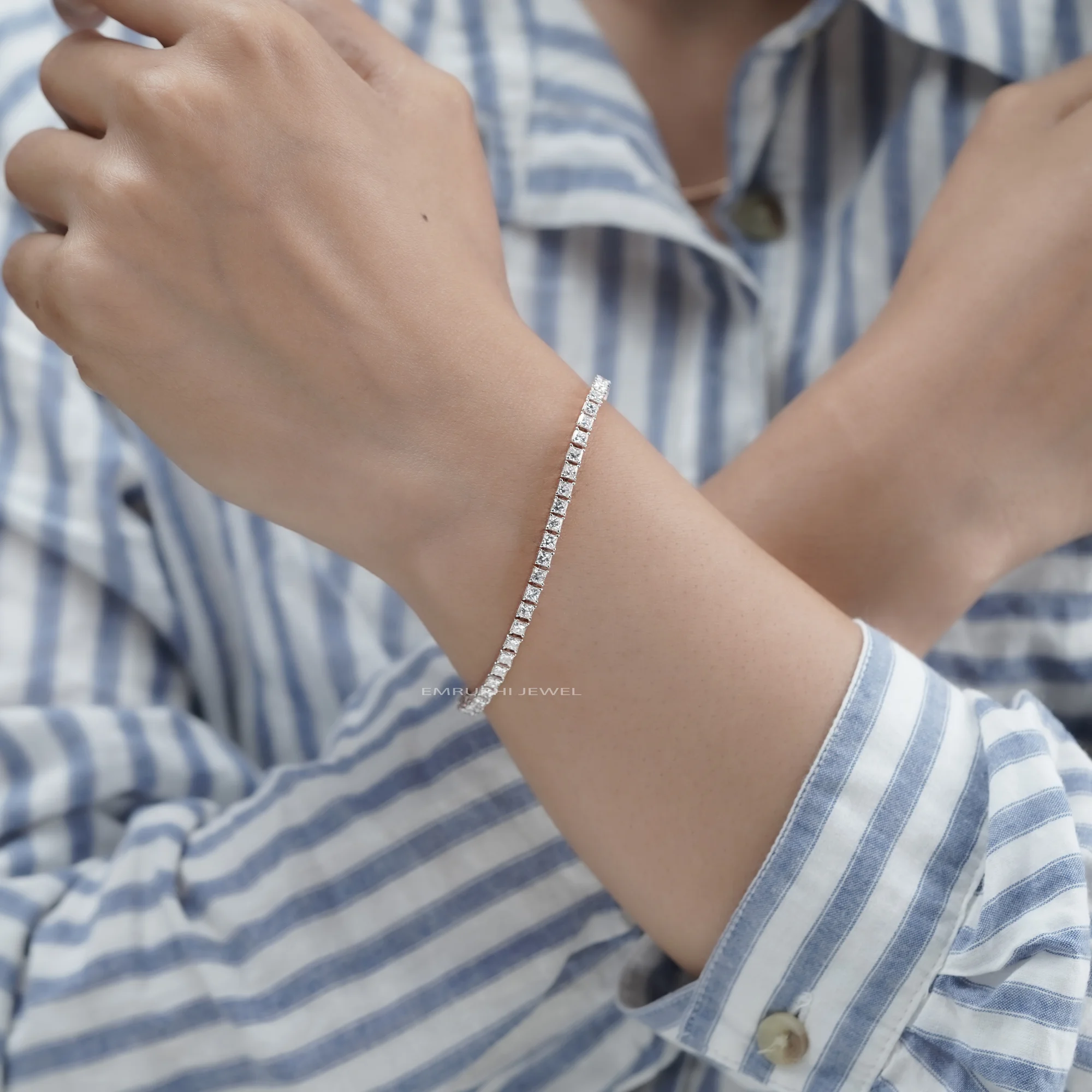 Princess Cut Lab Grown Diamond Tennis Bracelet, Gold Solitaire Bracelet — view 6