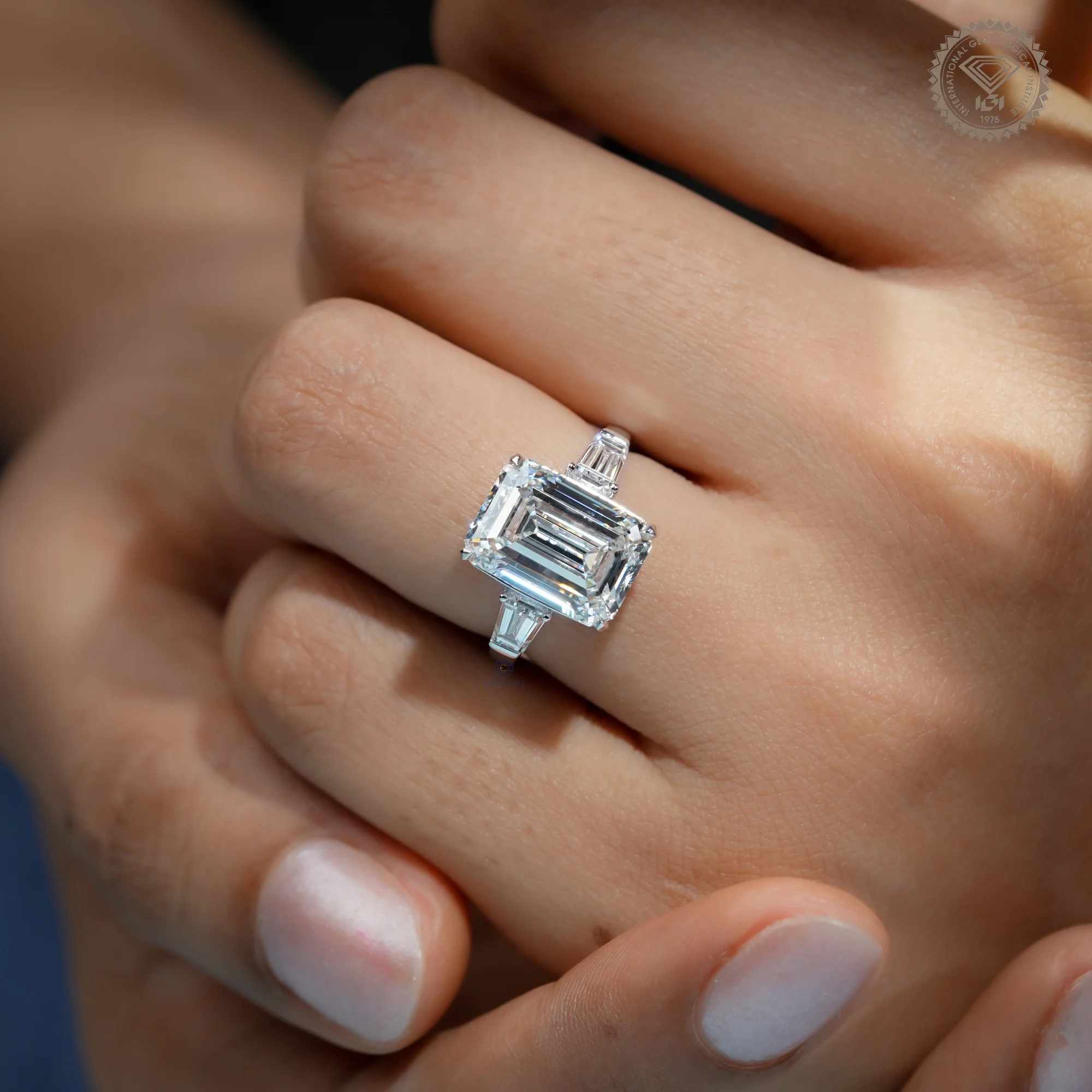 6 CT Emerald Cut Lab Grown Diamond Ring, Tapered Baguette Three Stone Engagement Ring, IGI Certified — view 12