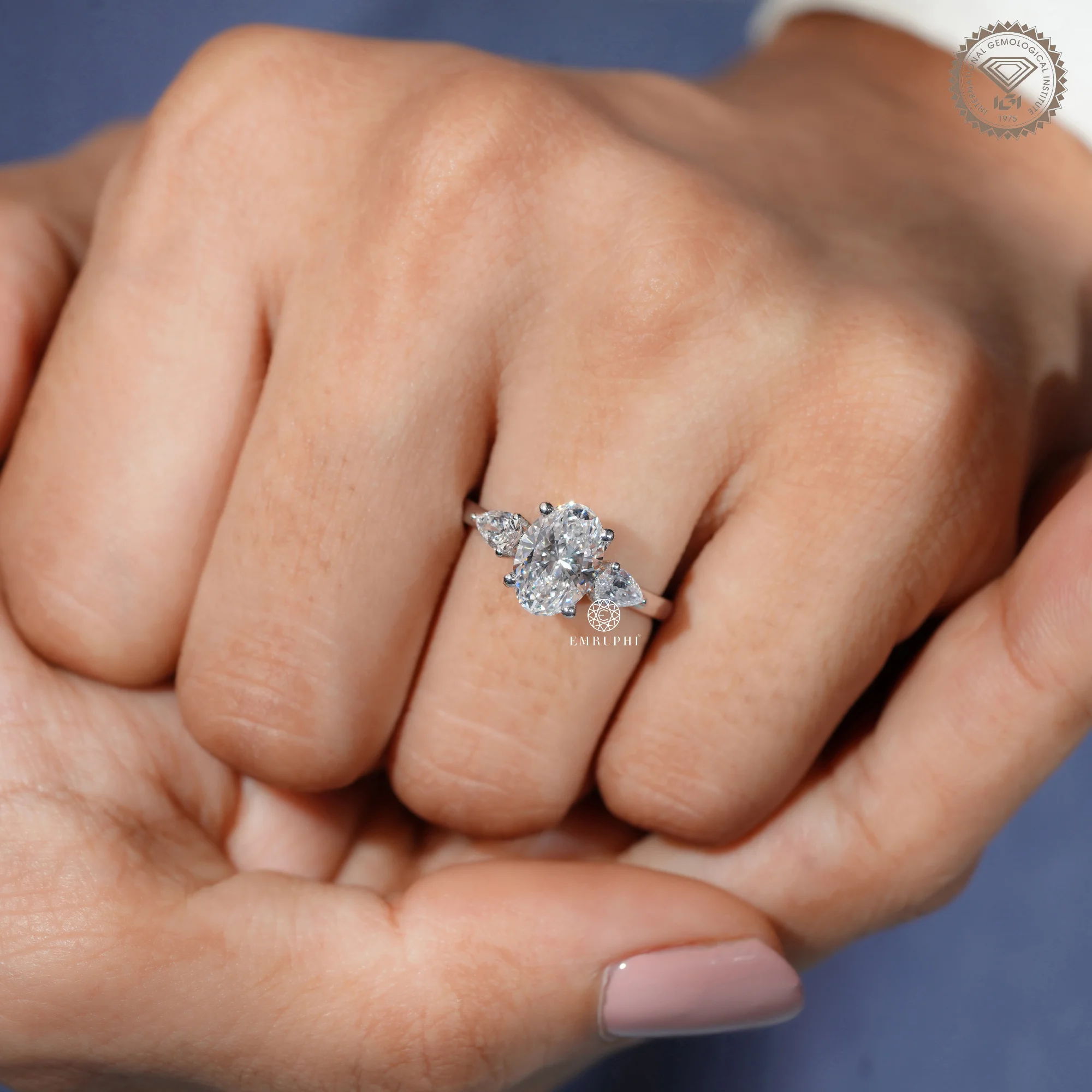 1.60 CT Oval Cut Lab Grown Engagement Ring With Pear Side Stone, Oval Three Stone Diamond Ring — view 10