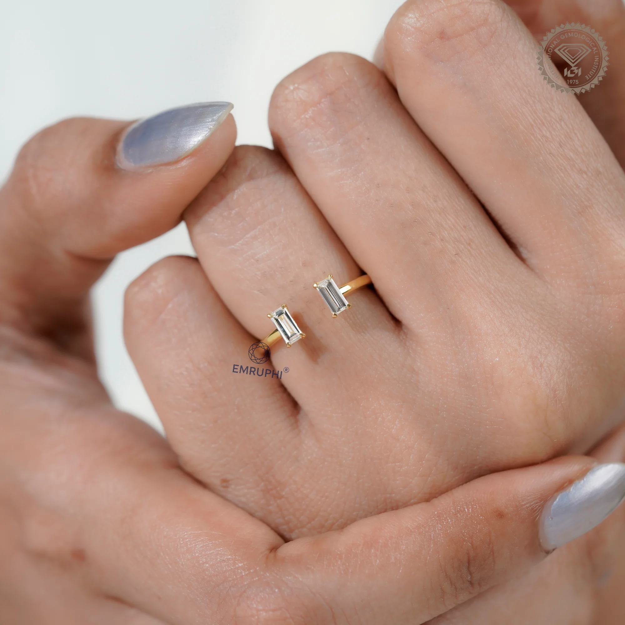Baguette Lab-Grown Diamond Open Cuff Ring, Solid Gold Wedding Band — view 12