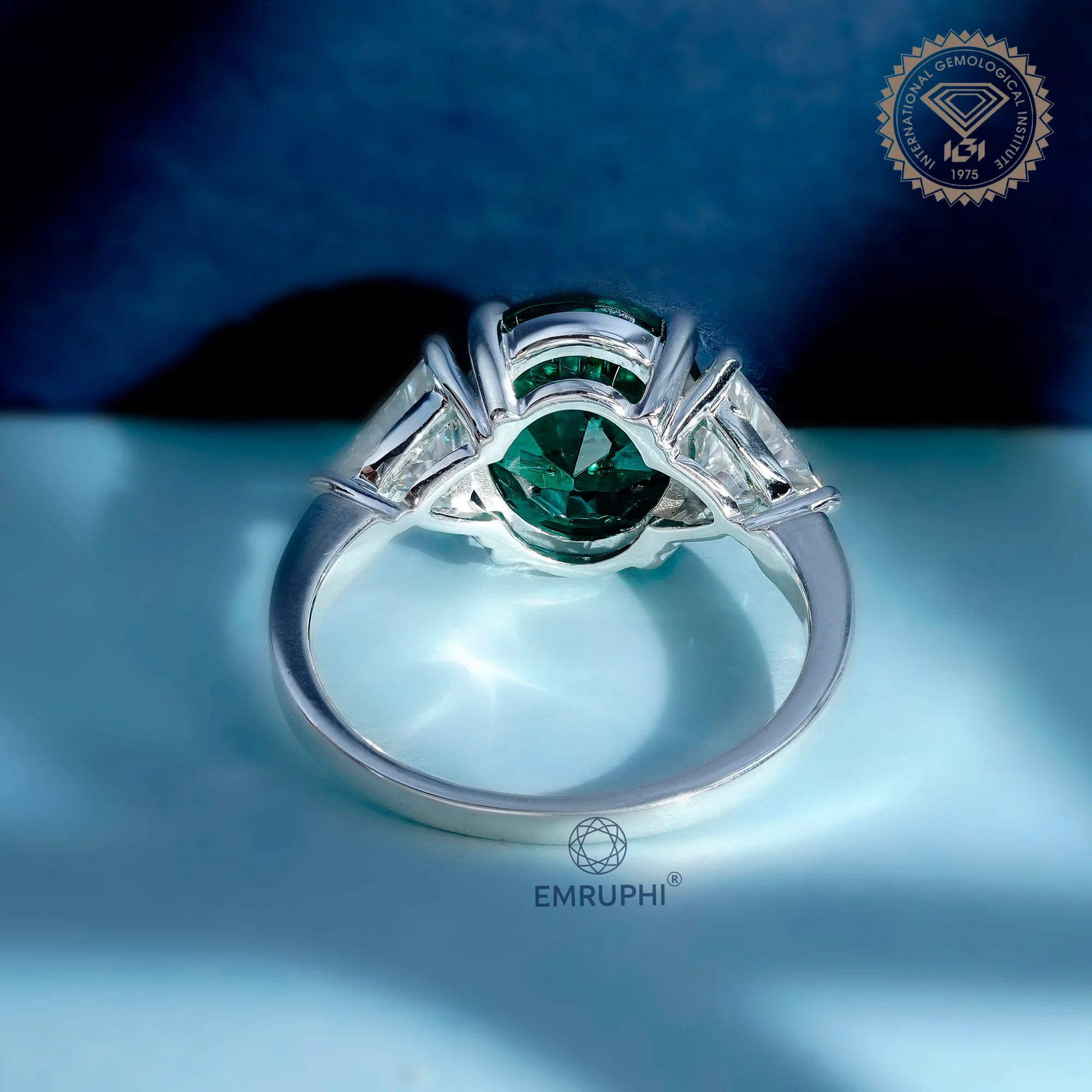 4.5 CT Oval Green Lab Grown Diamond Ring, Trillion Moissanite Sides — view 4