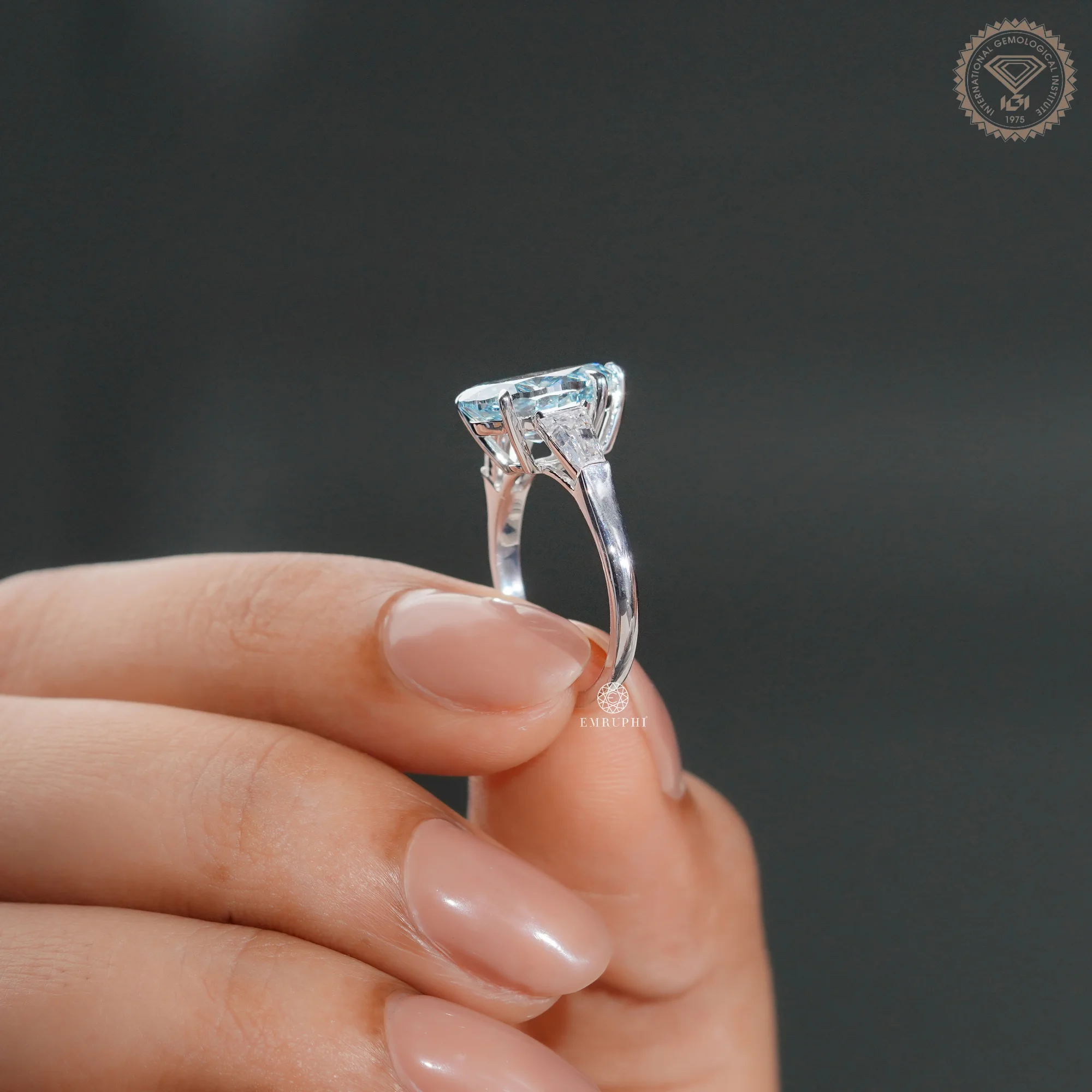 5 CT Vivid Blue Pear Lab Grown Diamond Engagement Ring, Tapered Baguette Side Stones — view 11