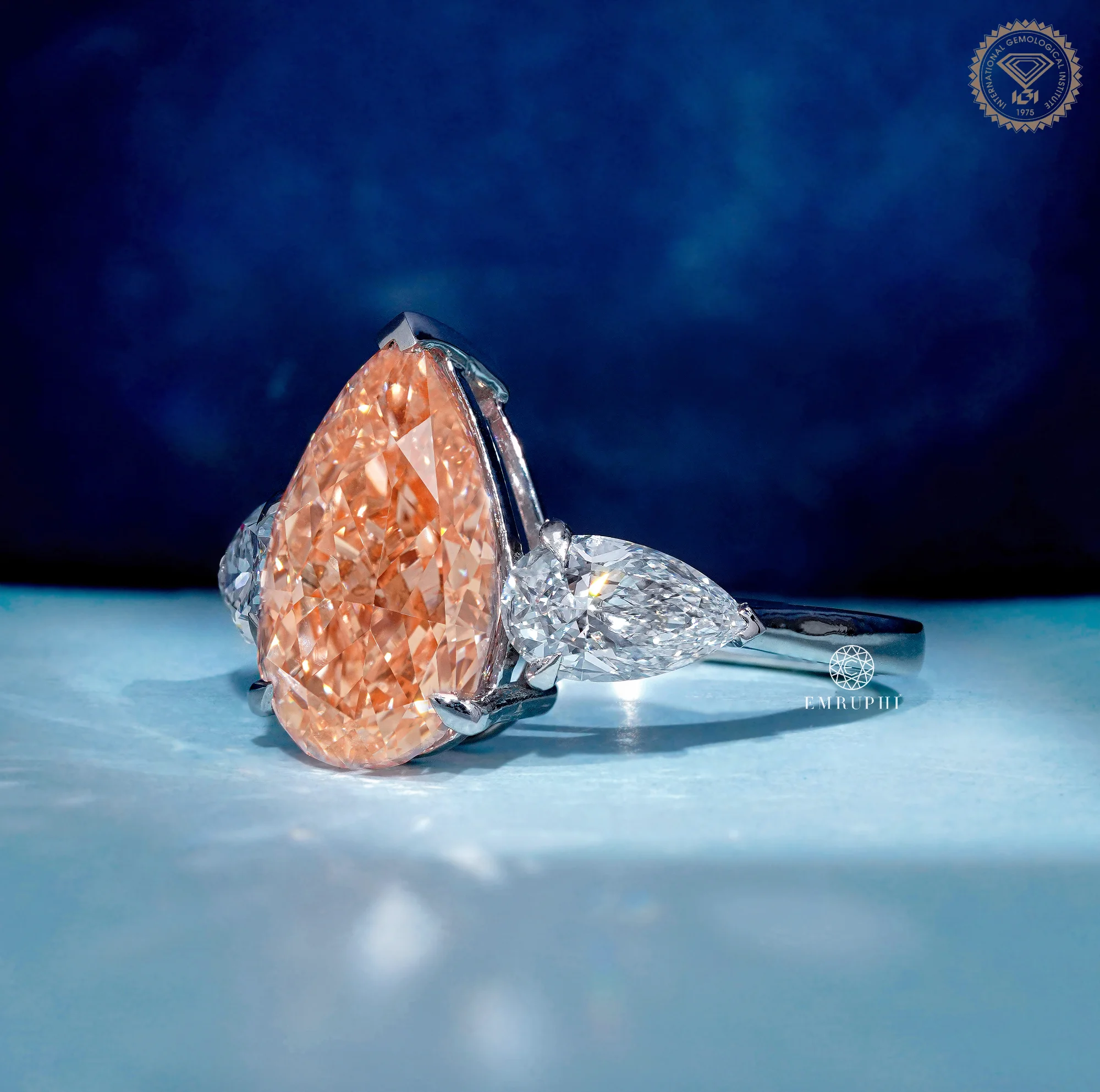 Vivid Pink Pear Cut Lab Grown Diamond Ring, 3 Stone Engagement Ring, IGI Certified Lab Diamond — view 2