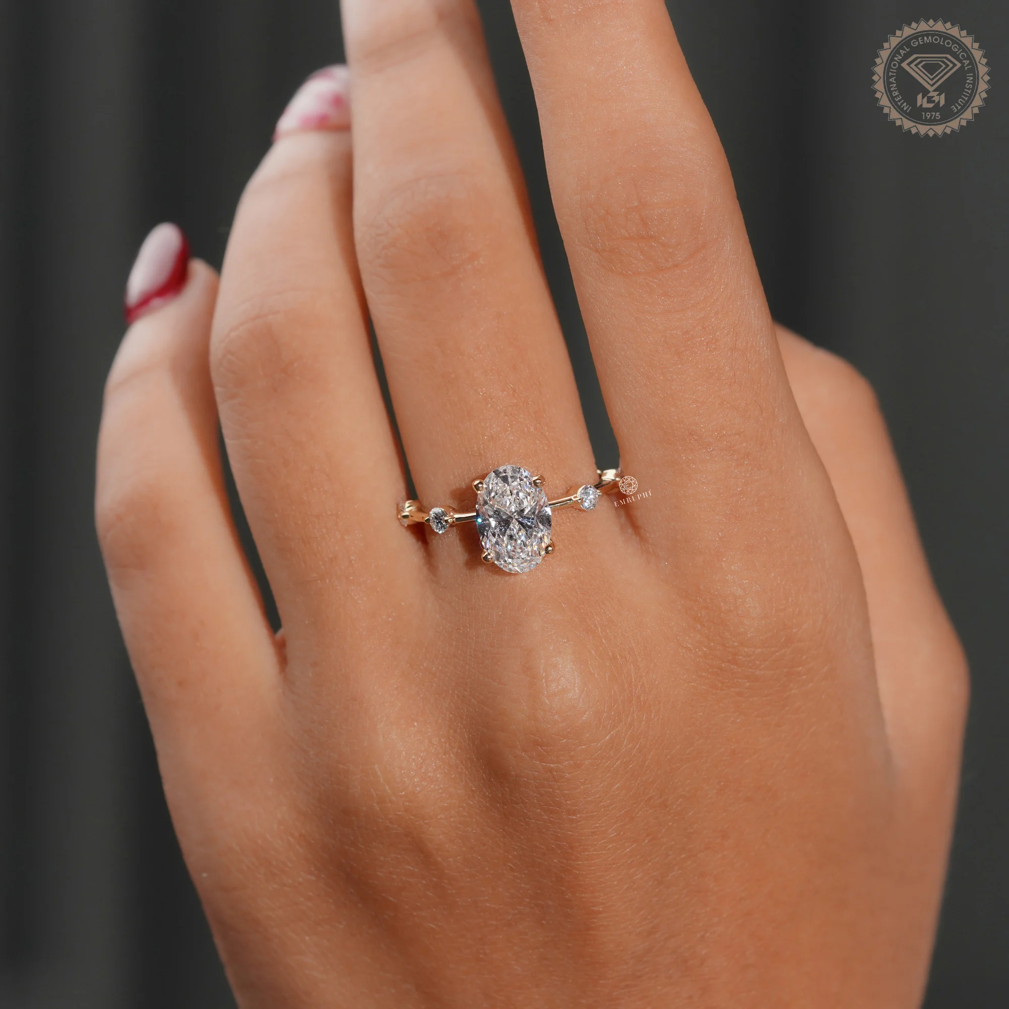 Oval Cut Lab Grown Diamond Engagement Ring, Distance Band Oval Ring, Floating Diamond Shank — view 6