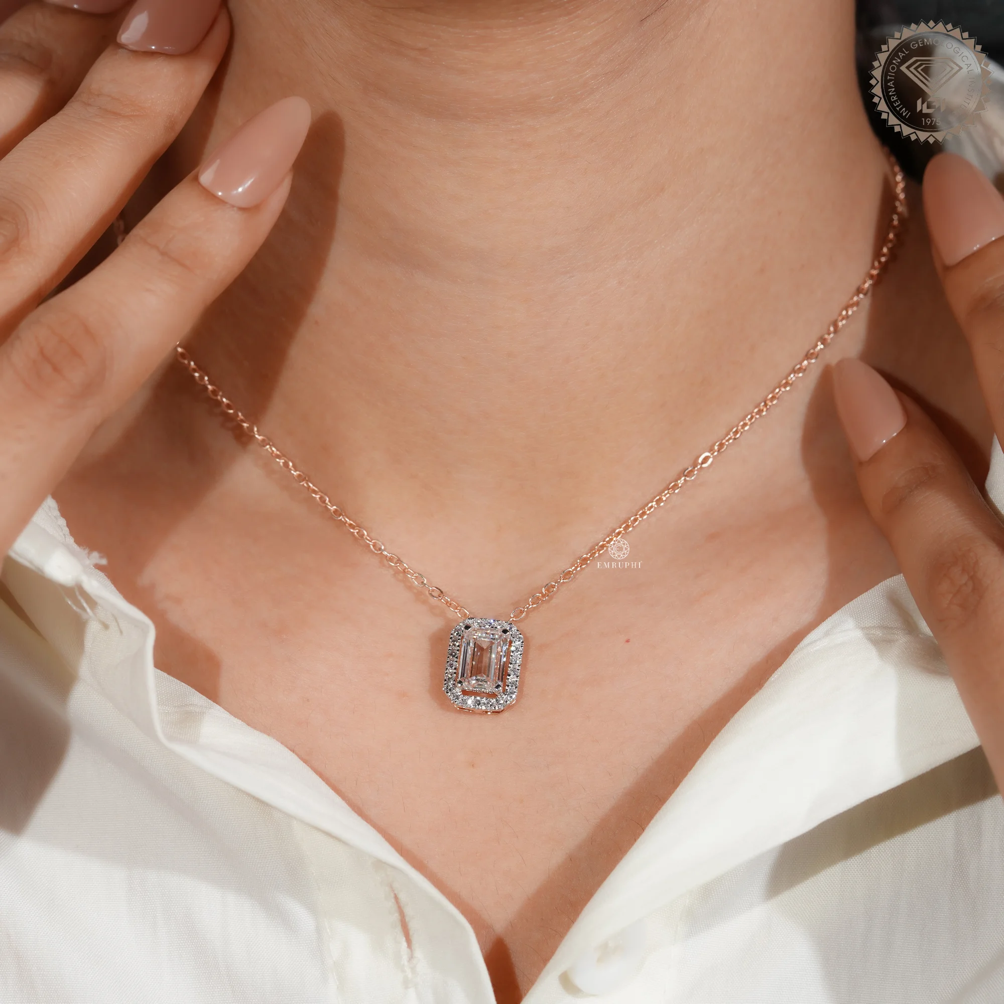 1 CT Emerald Cut Lab Grown Diamond Necklace, Halo Pendant Rose Gold Chain, Two Tone Pendant — view 7