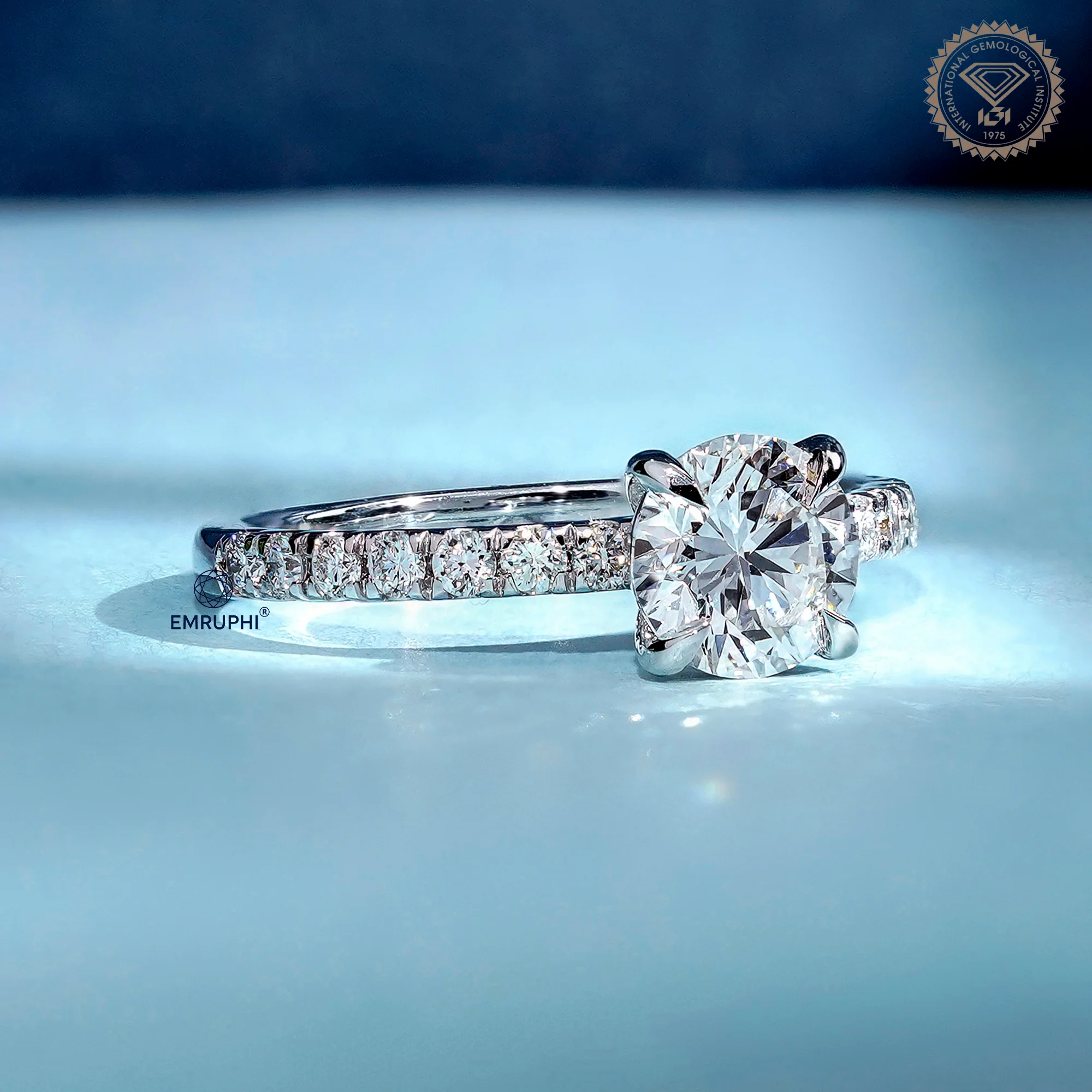 1 Carat Round Cut Lab Grown Diamond Engagement Ring, Pavé Side Stones — view 3