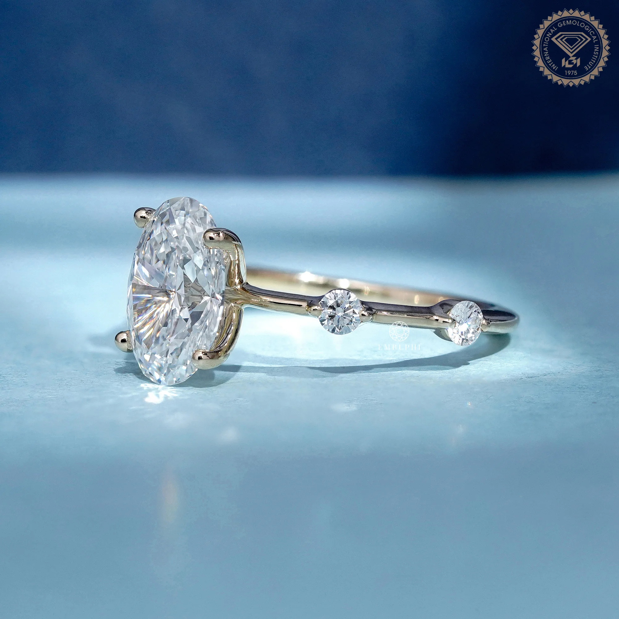 Oval Cut Lab Grown Diamond Engagement Ring, Distance Band Oval Ring, Floating Diamond Shank — view 2