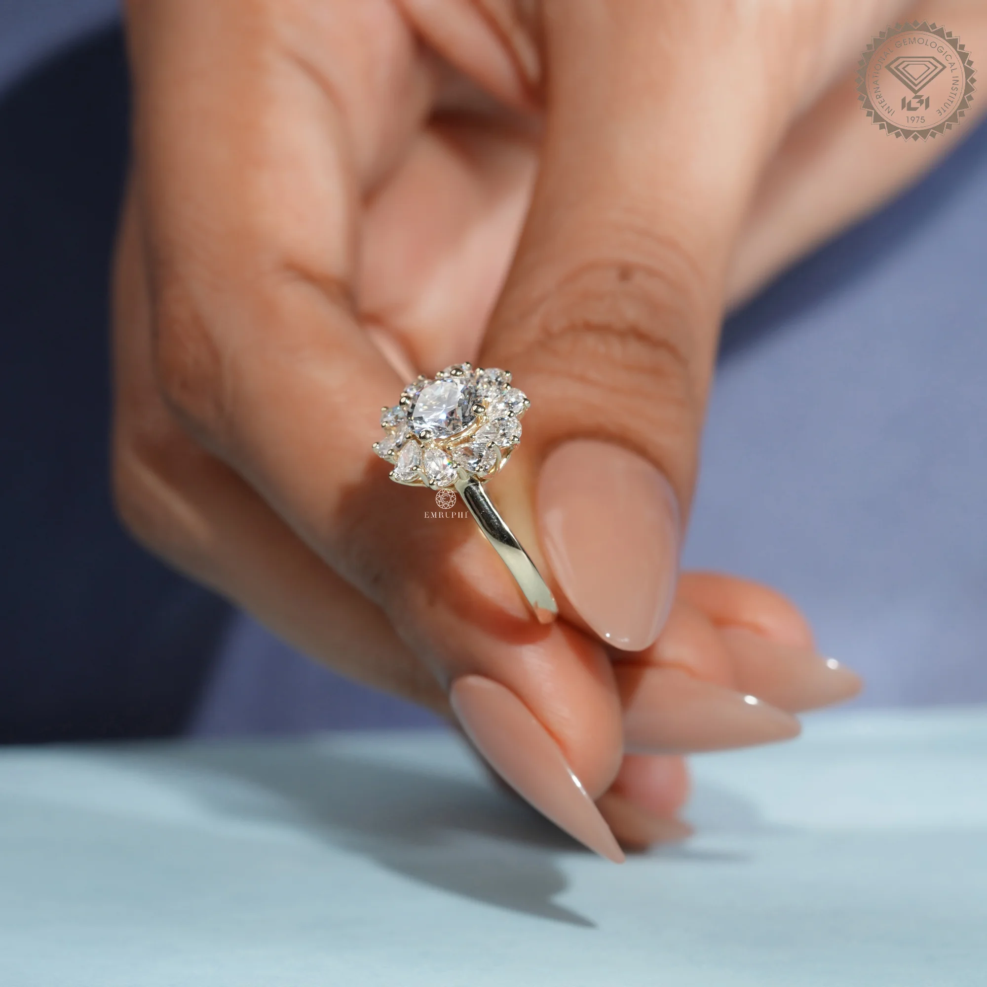 Round Cut Lab Grown Diamond Floral Halo Ring, Pear Diamond Sunburst Engagement Ring — view 9
