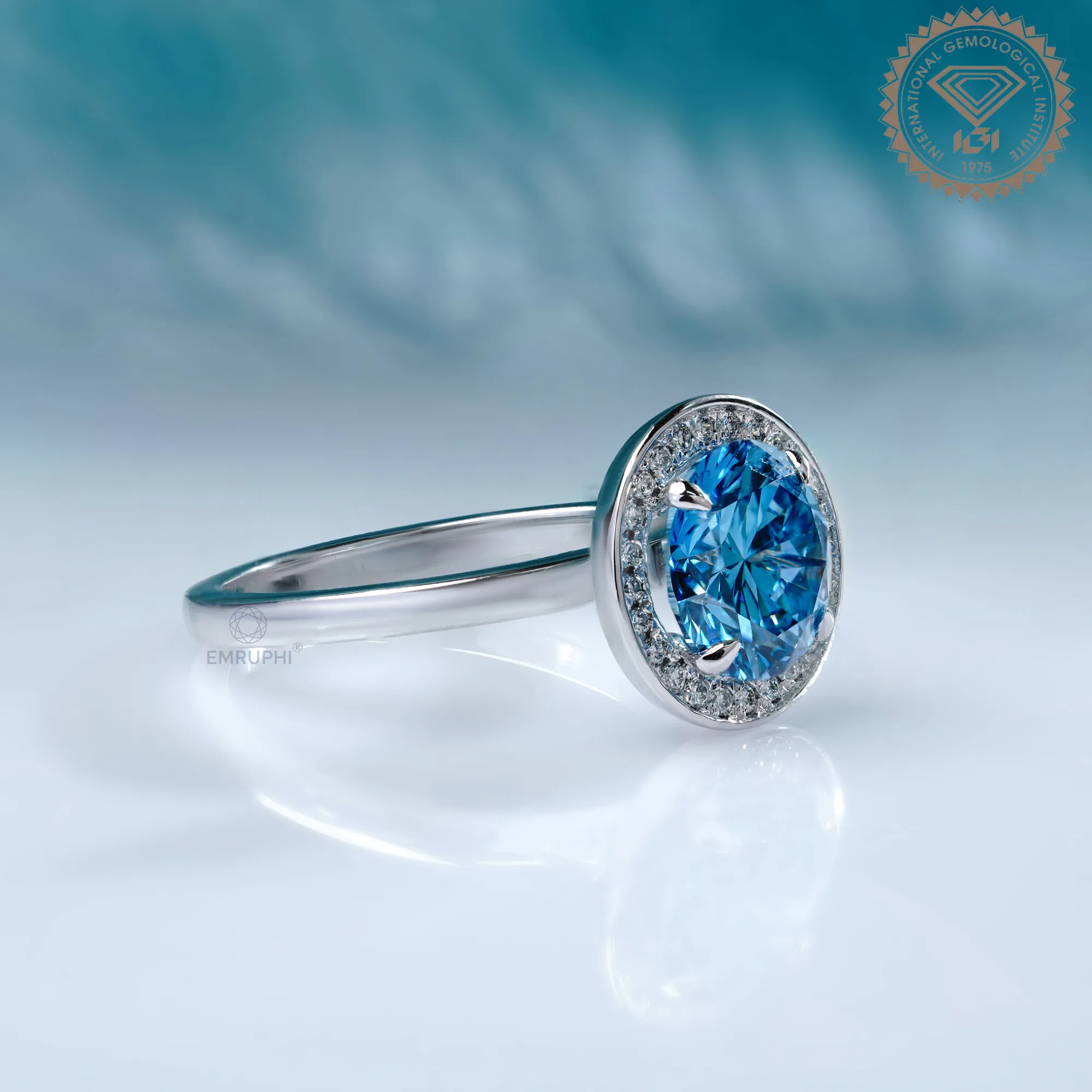 2.00 CT Vivid Blue Round Cut Wedding Ring, Bezel Diamond Engagement Ring, Color Lab Grown Diamond Ring — view 3