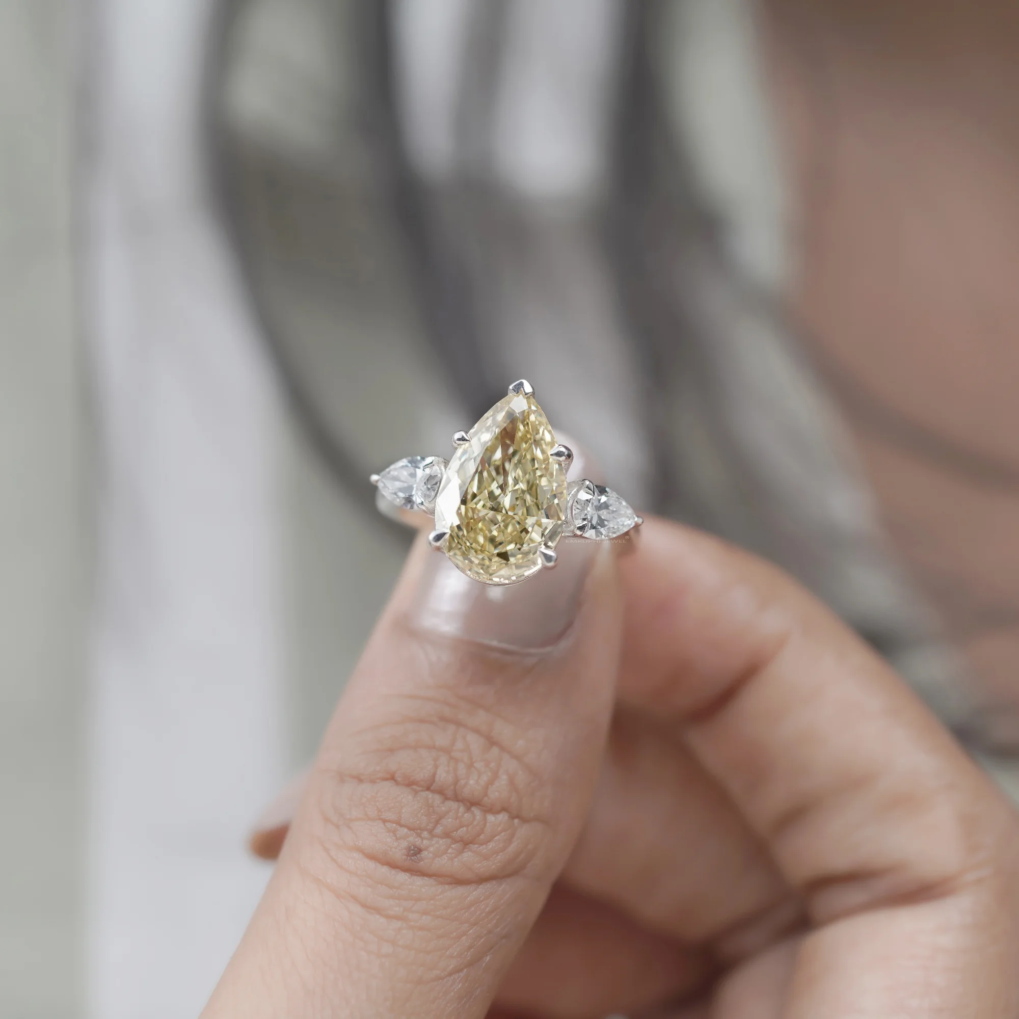4 CT Lab Grown Yellow Pear Cut Diamond Ring With Side Stones, Three-Stone Wedding Ring — view 10