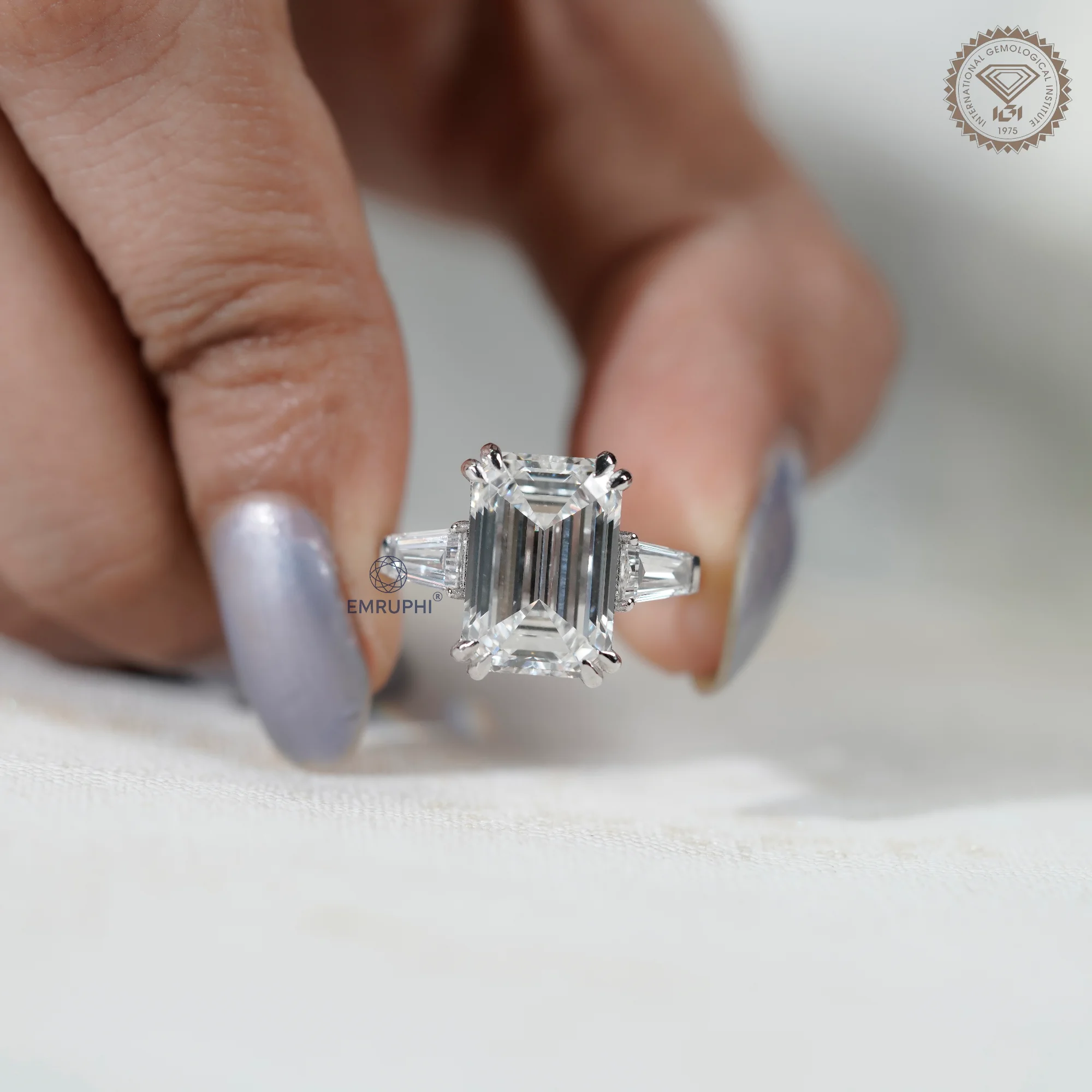 7 Carat Emerald Cut Lab Grown Diamond Engagement Ring | Trapezoid Side Stones — view 5