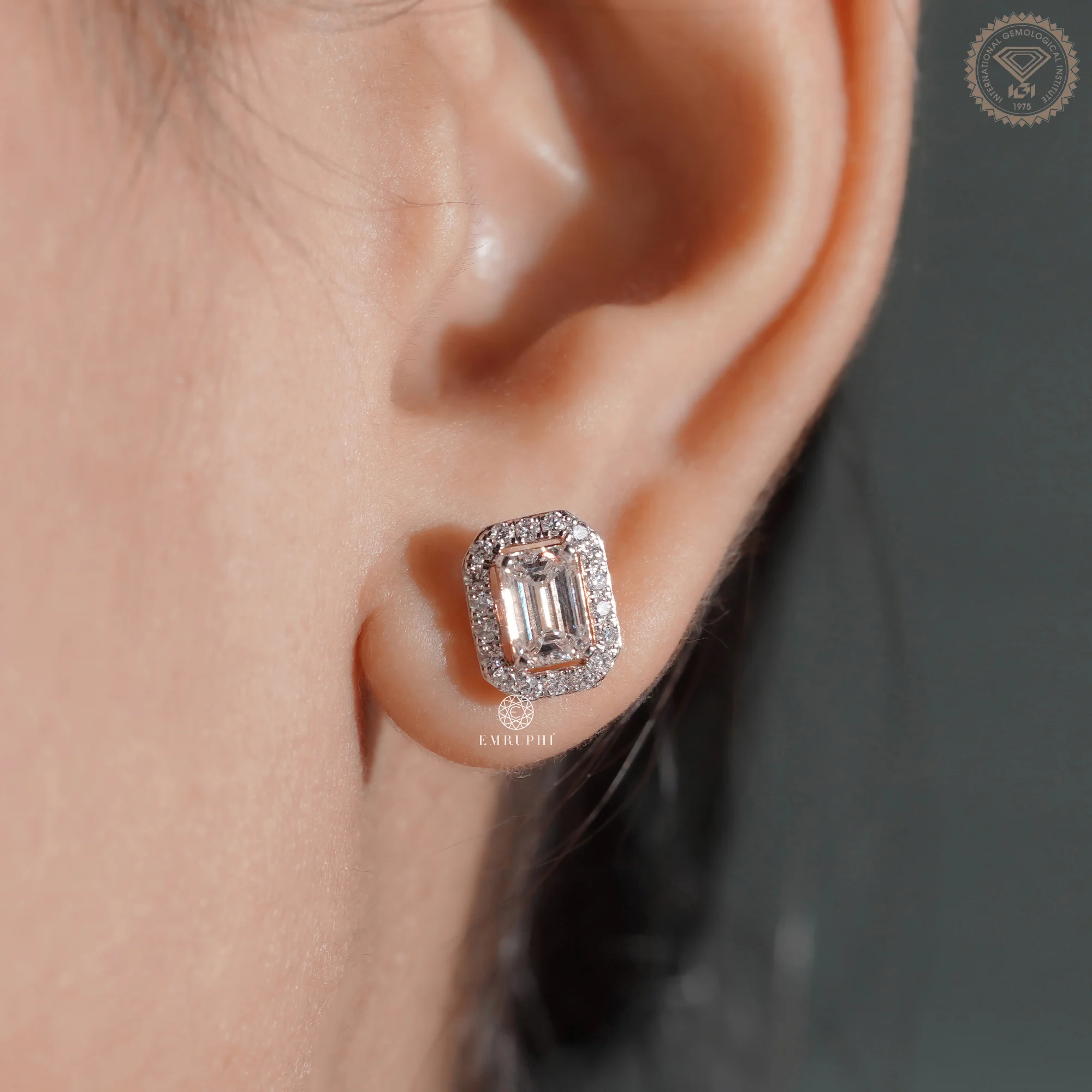Emerald Cut Lab Grown Diamond Halo Earrings, Rose Gold Two Tone Studs — view 7