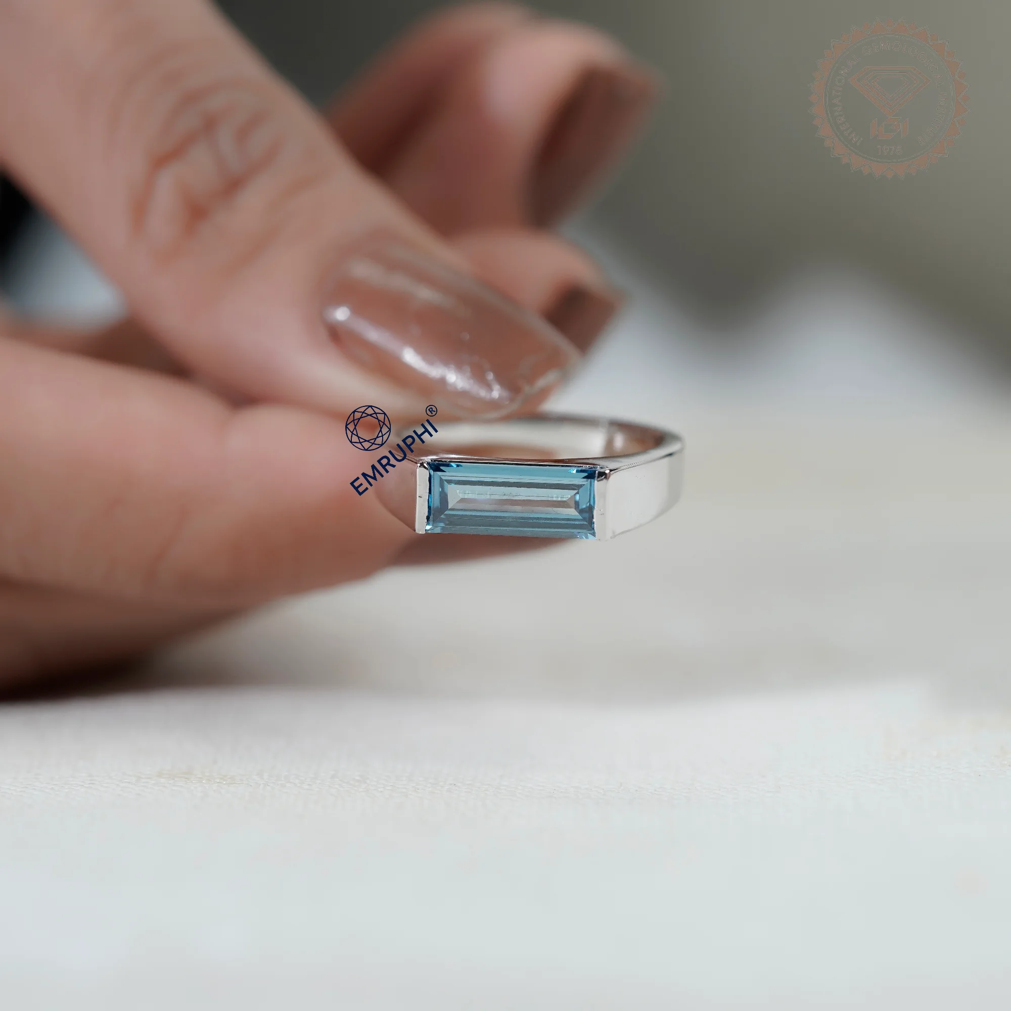 Baguette Cut Vivid Blue Lab Diamond Ring, Baguette Diamond Signet Ring, — view 5