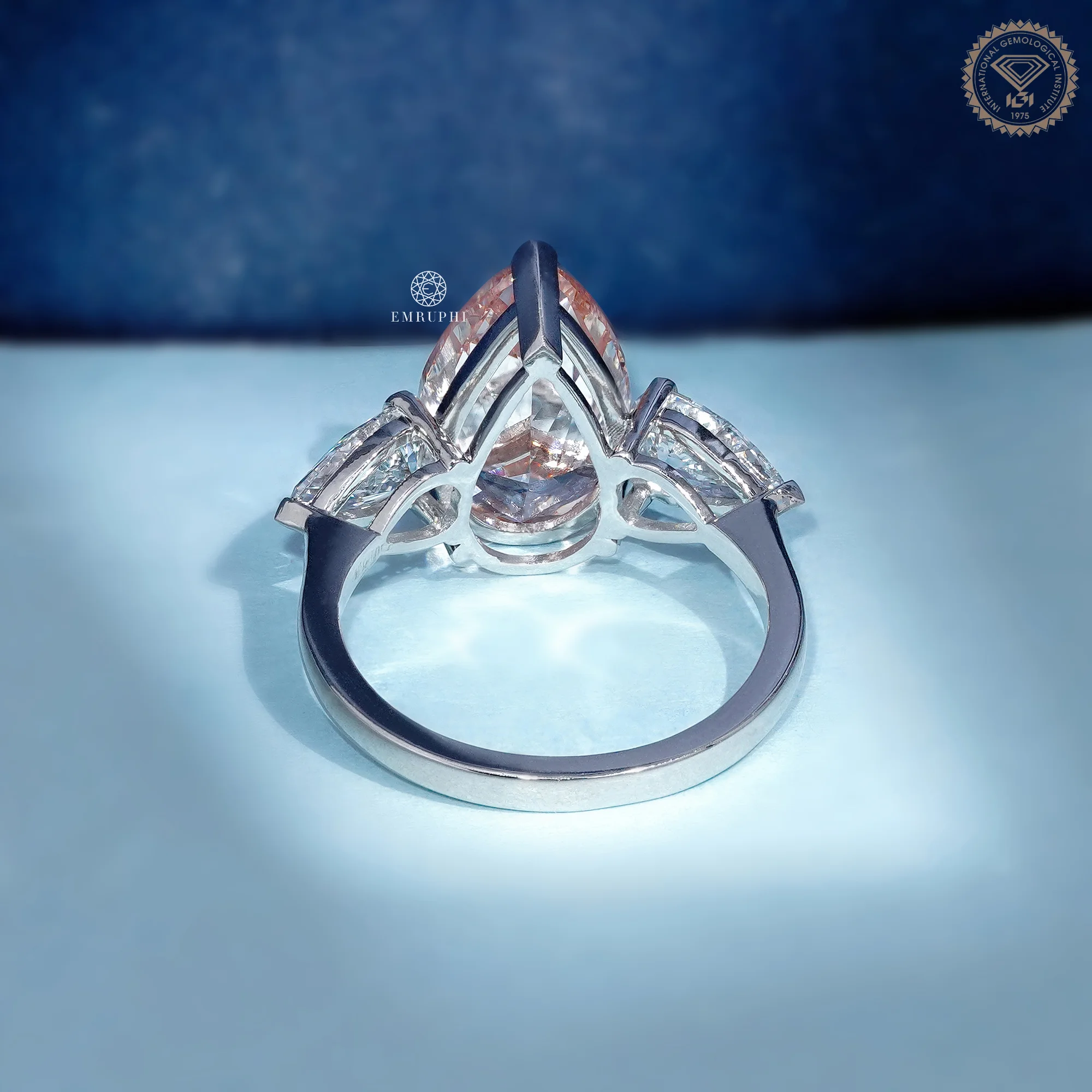 Vivid Pink Pear Cut Lab Grown Diamond Ring, 3 Stone Engagement Ring, IGI Certified Lab Diamond — view 4