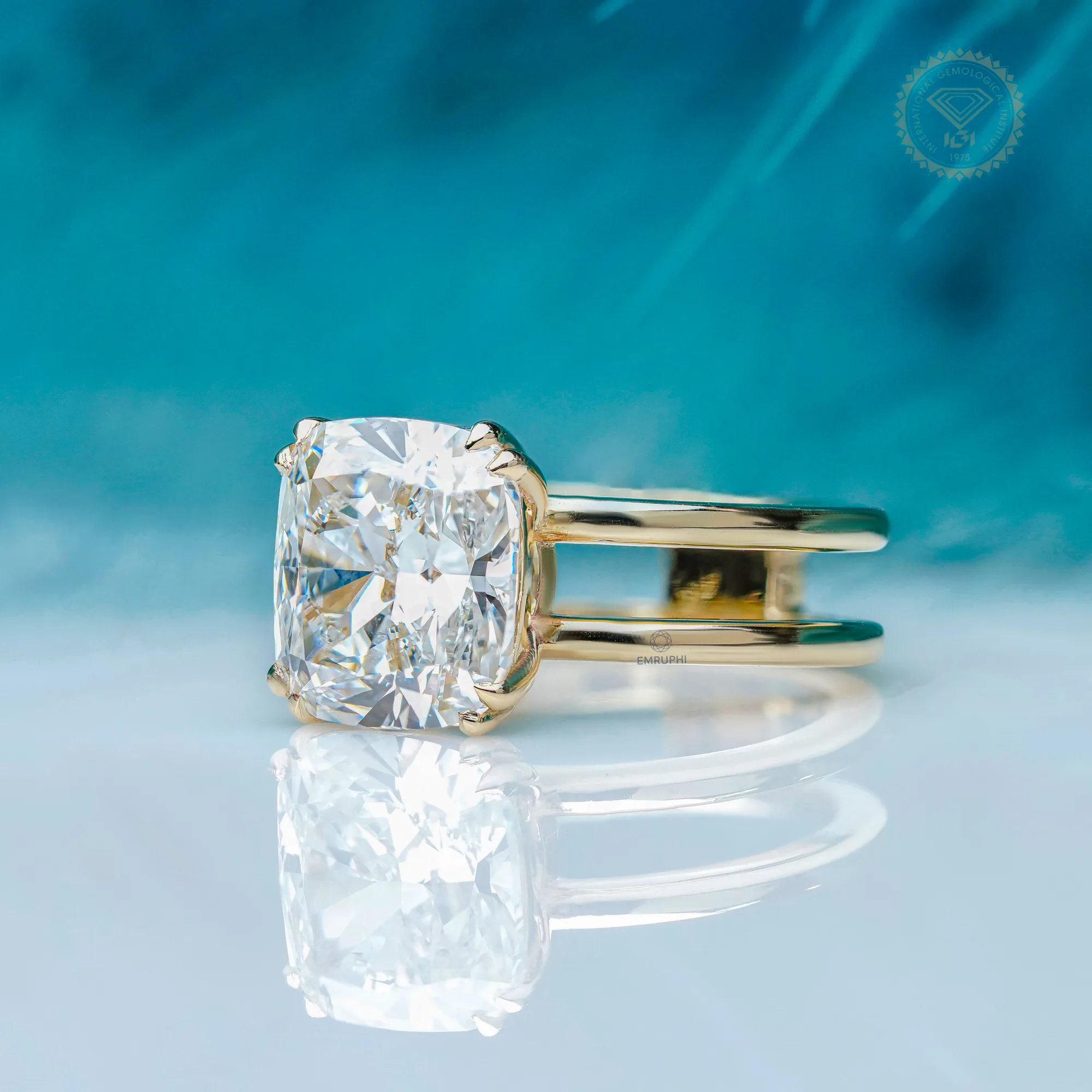 6 Carat Cushion Lab Grown Diamond Engagement Ring, Gold Solitaire Ring — view 2