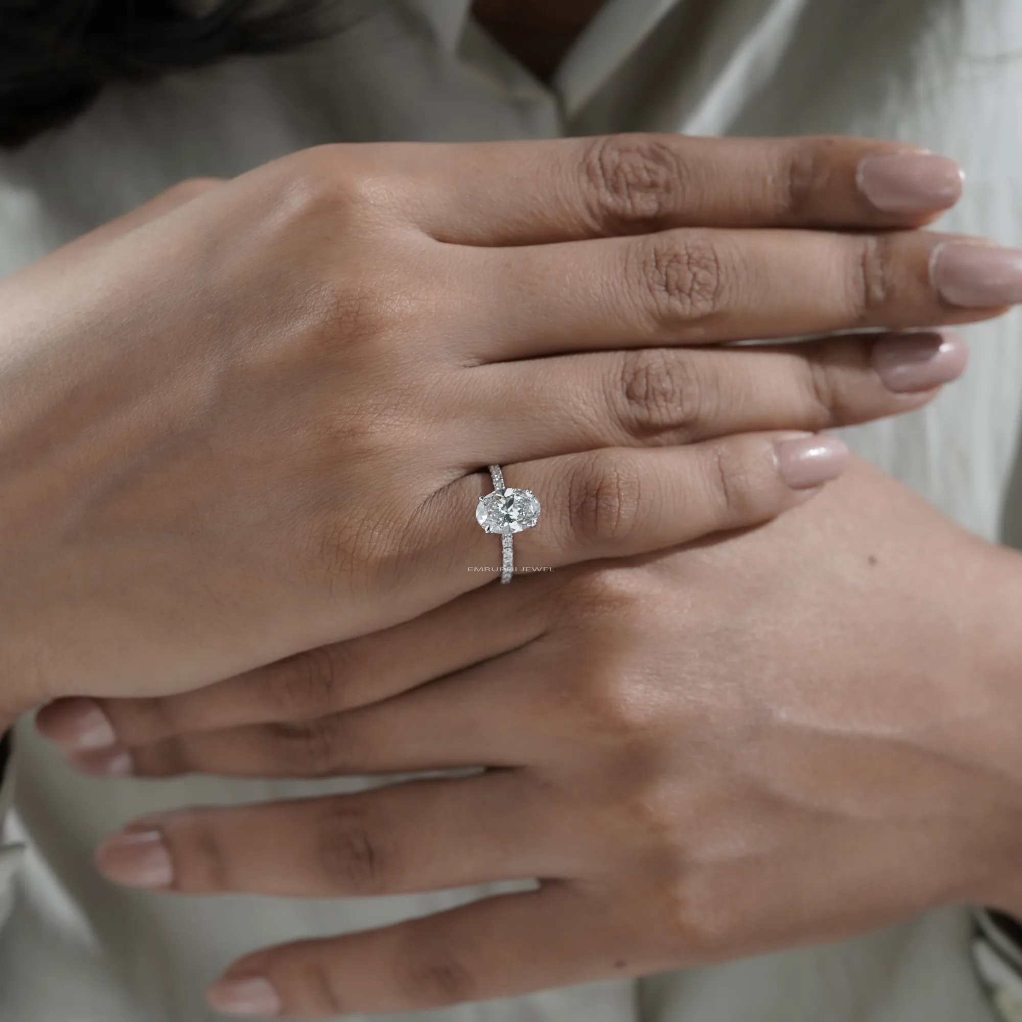 2 CT Oval Lab Grown Diamond Engagement Ring, 14k Gold Pave Band, IGI Certified — view 8