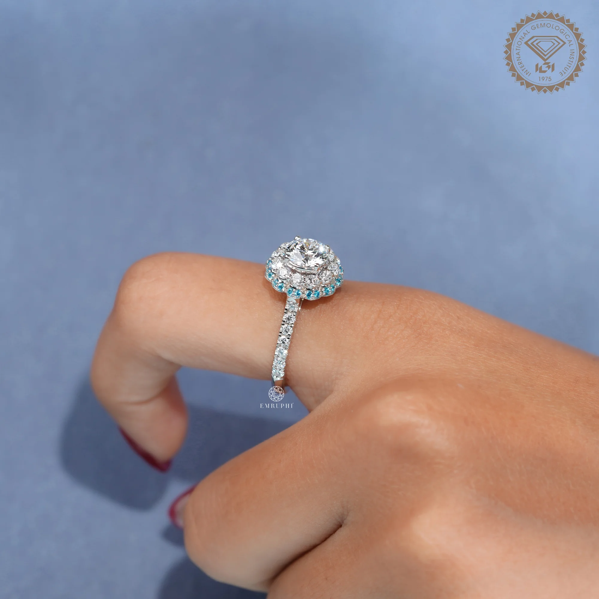 1.20 CT Round Diamond Halo Ring, Blue Diamond Floral Halo Engagement Ring, IGI Certified Diamond — view 8