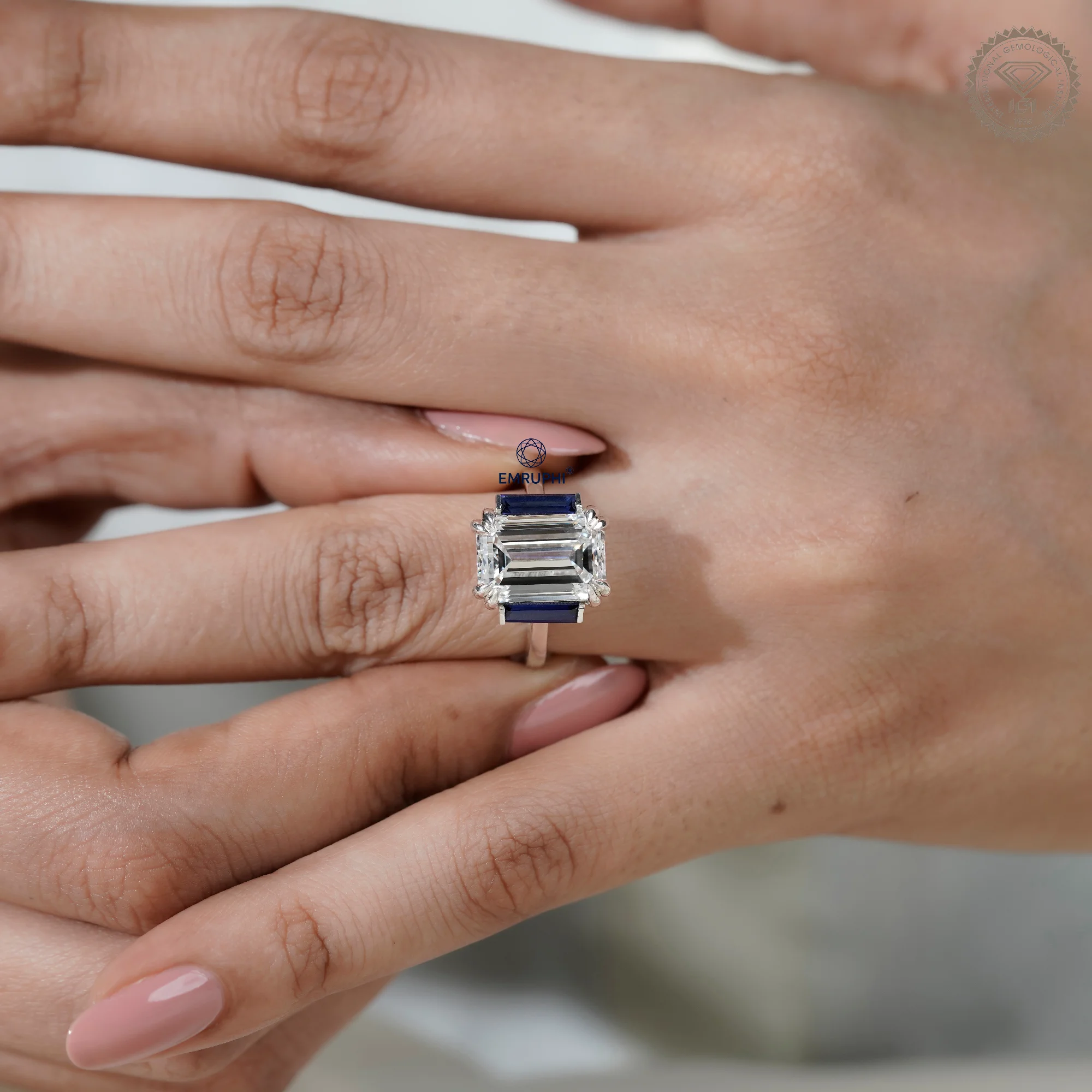 6 CT Emerald Cut Three Stone Engagement Ring with Sapphire Side Stones, Lab Grown Diamond Ring, Vintage Bridal Ring — view 8