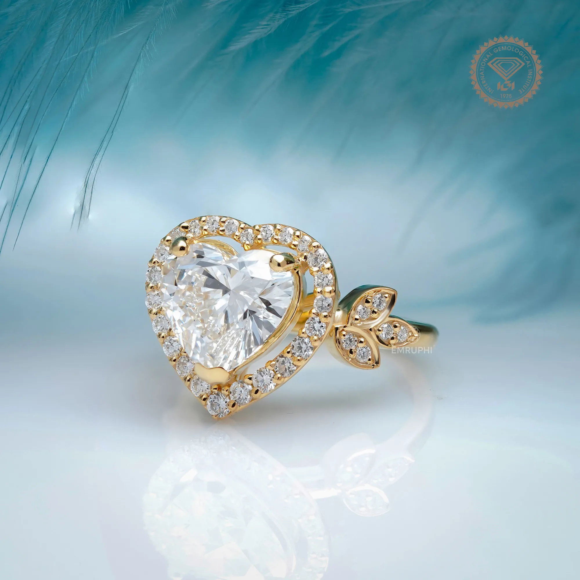 Heart Cut Halo Lab Grown Diamond Ring with Floral Side Accents, Romantic Heart Engagement Ring — view 3