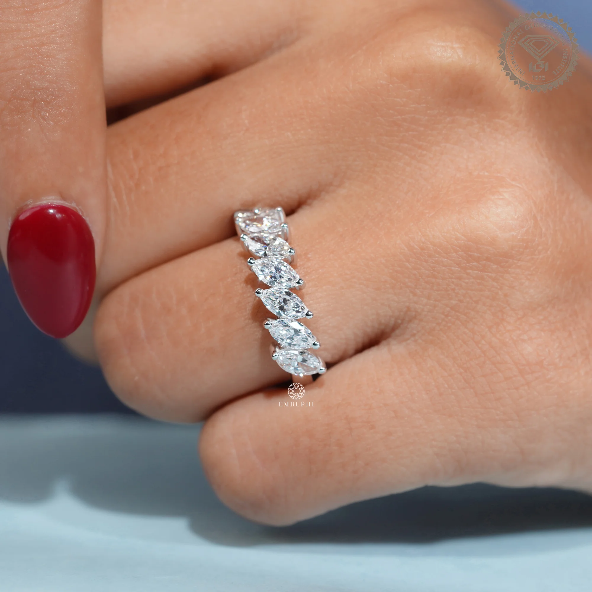 Marquise Cut Lab Grown Diamond Half Eternity Ring, Angled Marquise Wedding Band — view 10
