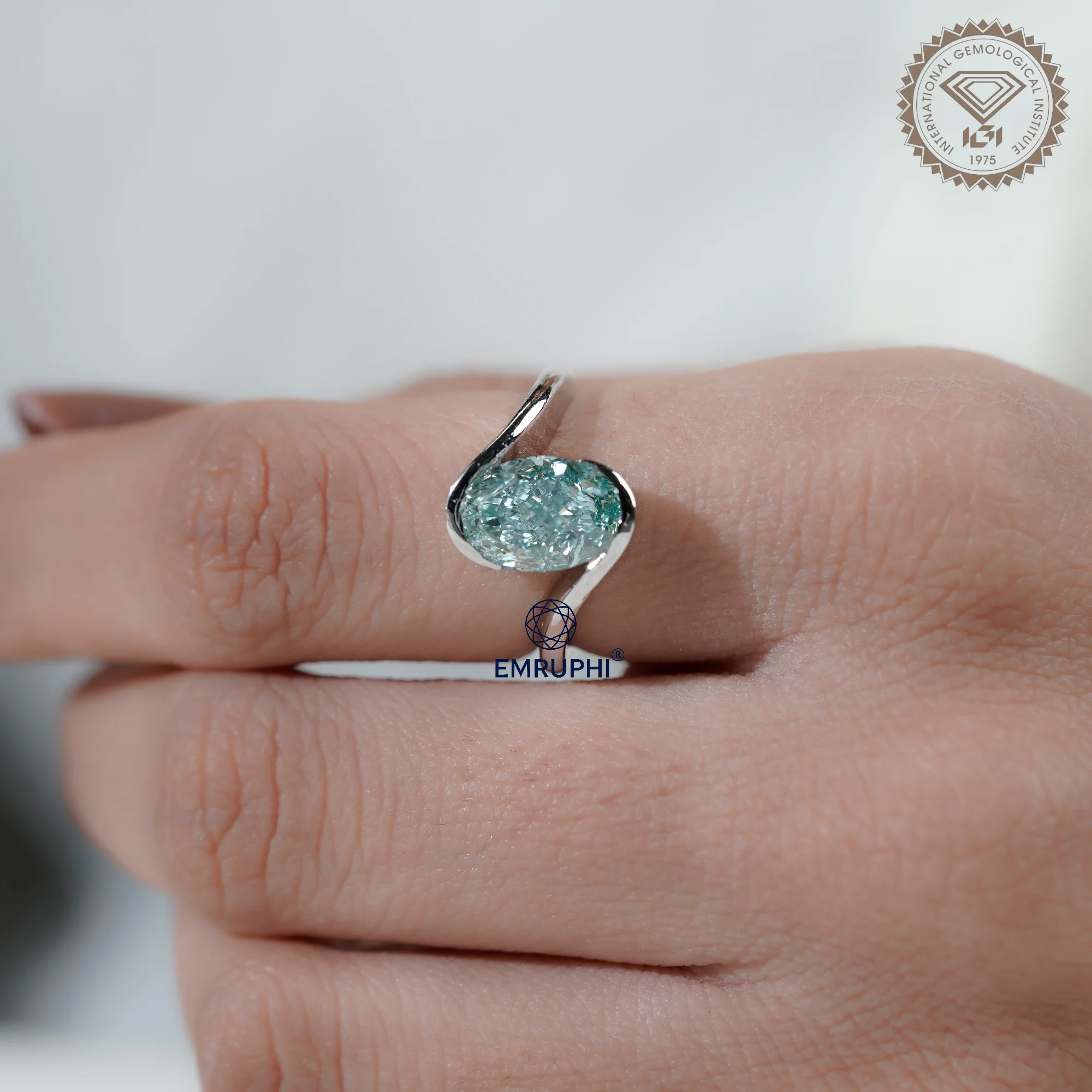 Oval Cut Lab Grown Diamond Ring, 14k White Gold, Antique Greenish Colording Ring — view 7