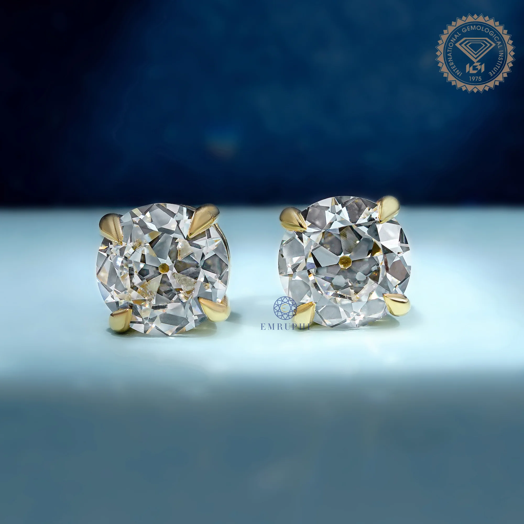 Round Old Mine Stud Earrings in 14k Yellow Gold, Solitaire Stud For Women — view 2