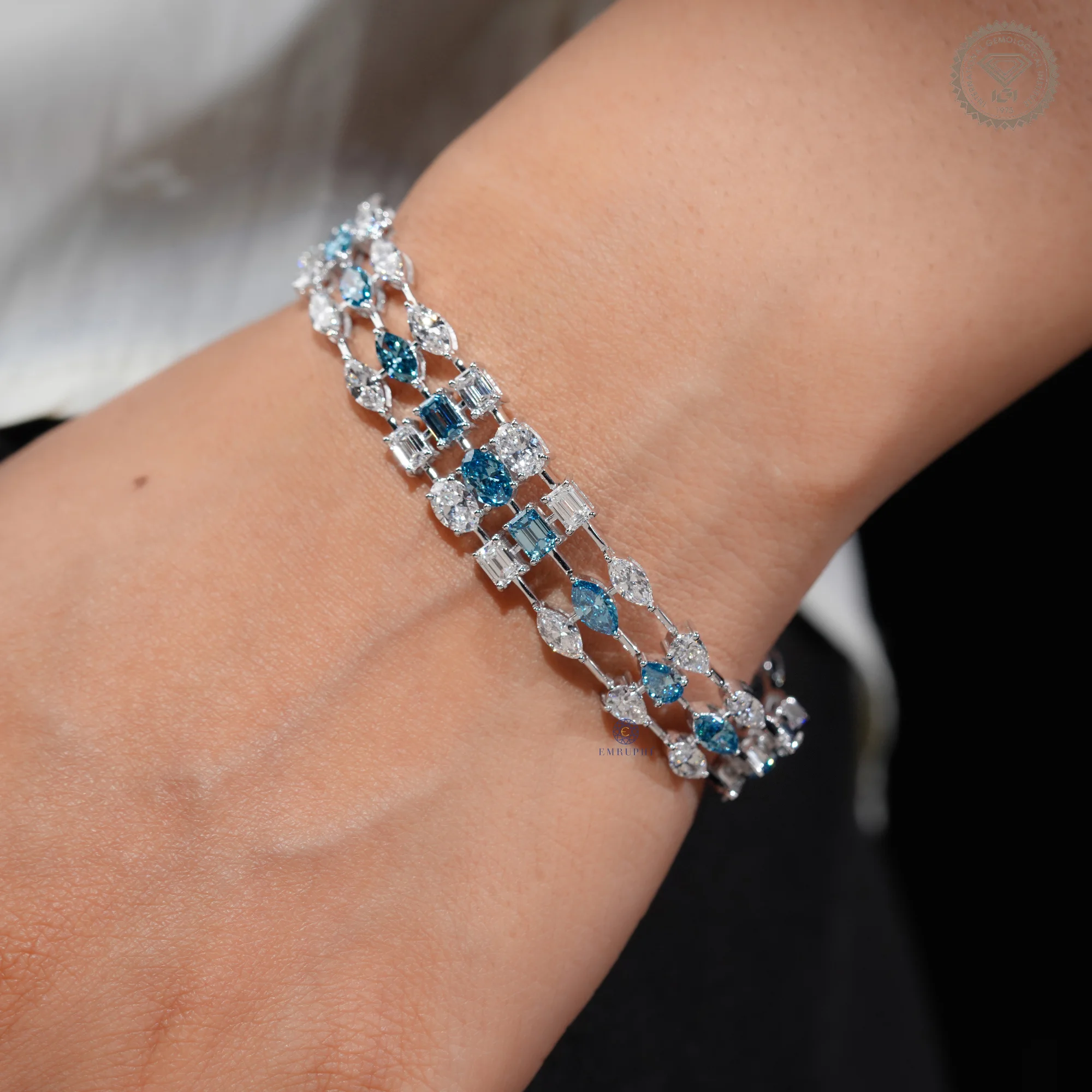 Blue and White Mixed Shape Lab Grown Diamond Bracelet — view 8