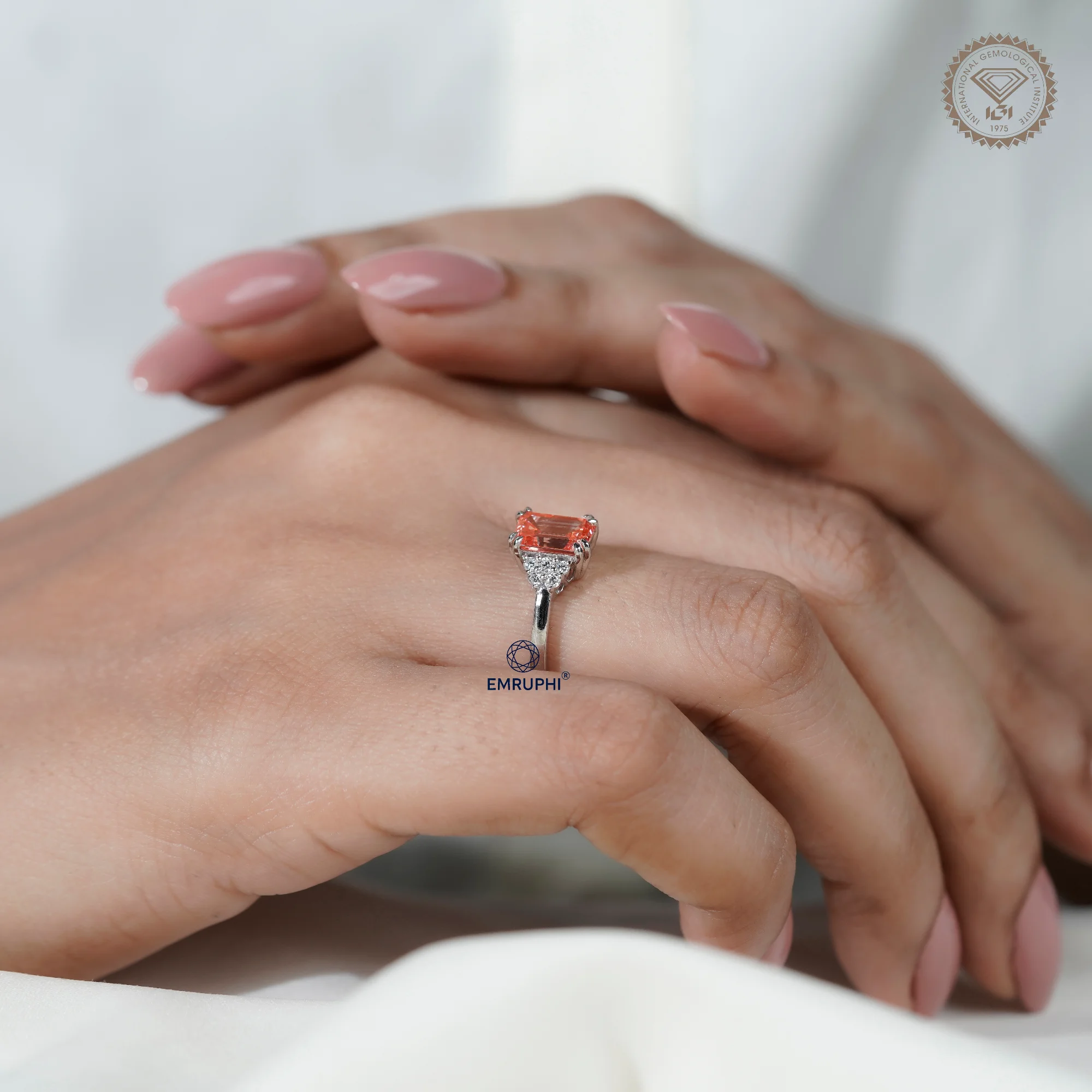 Emerald Cut Vivid Pink Lab-Grown Diamond Cluster Ring, Nature Inspired Ring, Emerald Cluster Ring, Emerald Wedding Ring in 18k Gold — view 16