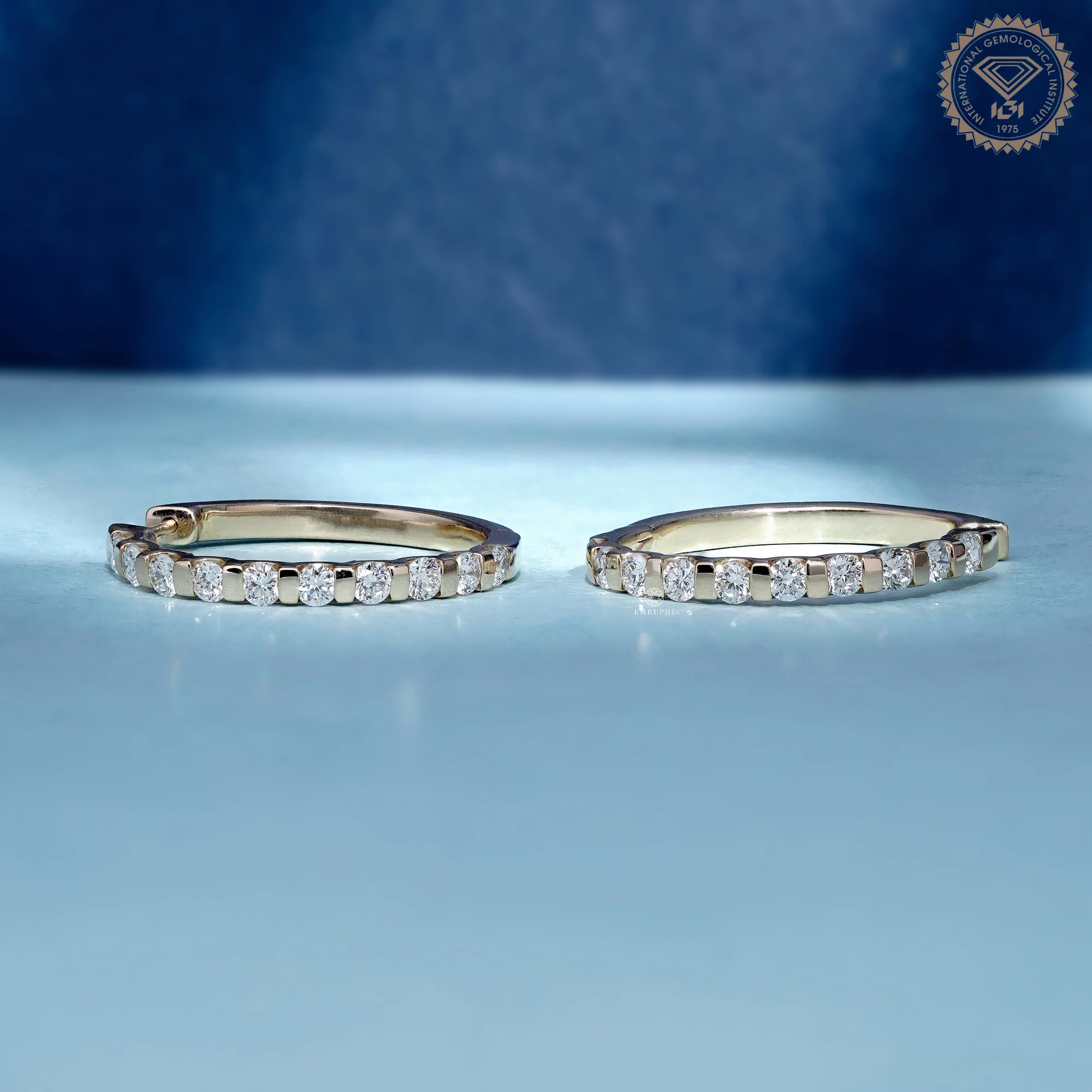 Round Cut Gold Hoop Earrings, Sustainable Dangle Pave Hoops, Channel Set Gold Hoops — view 2