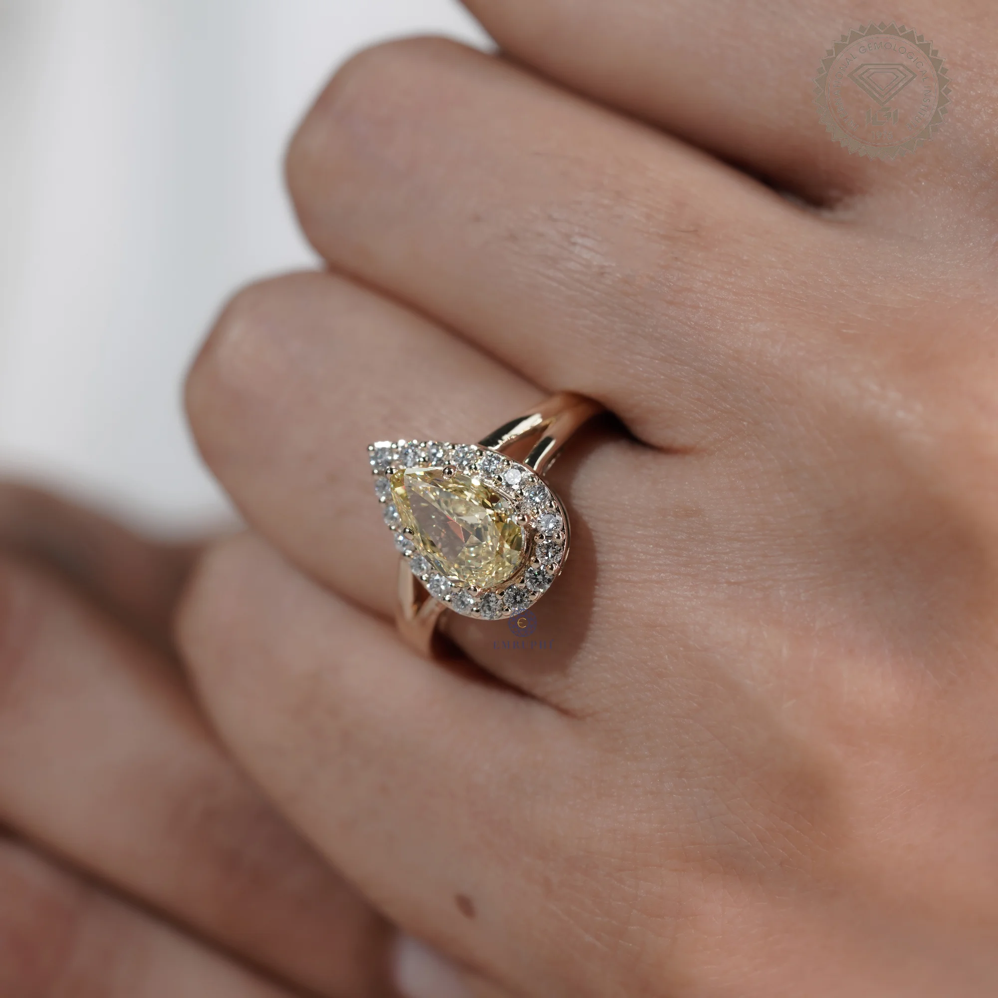 2.00 CT Pear Cut Yellow Lab Grown Diamond Halo Ring, Fancy Yellow Diamond Engagement Ring — view 7