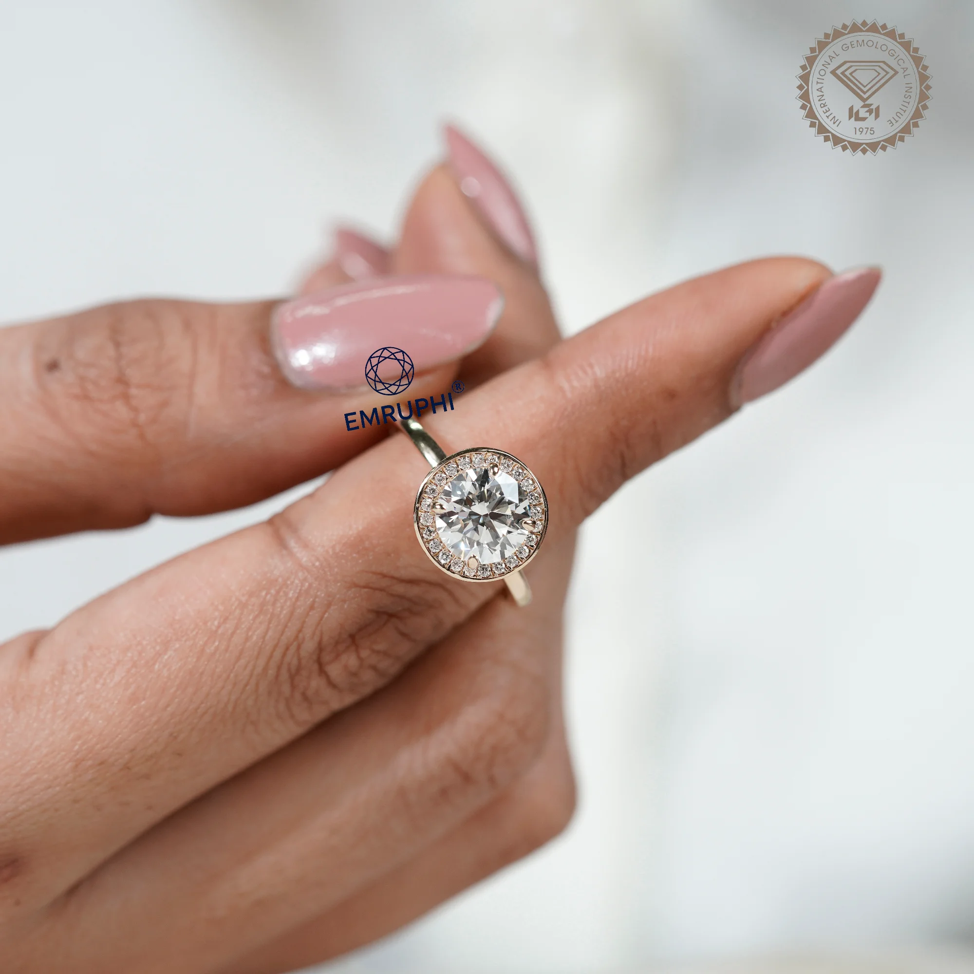 Round Cut Halo Engagement Ring in 14k Gold, Bezel Set Wedding Ring — view 14