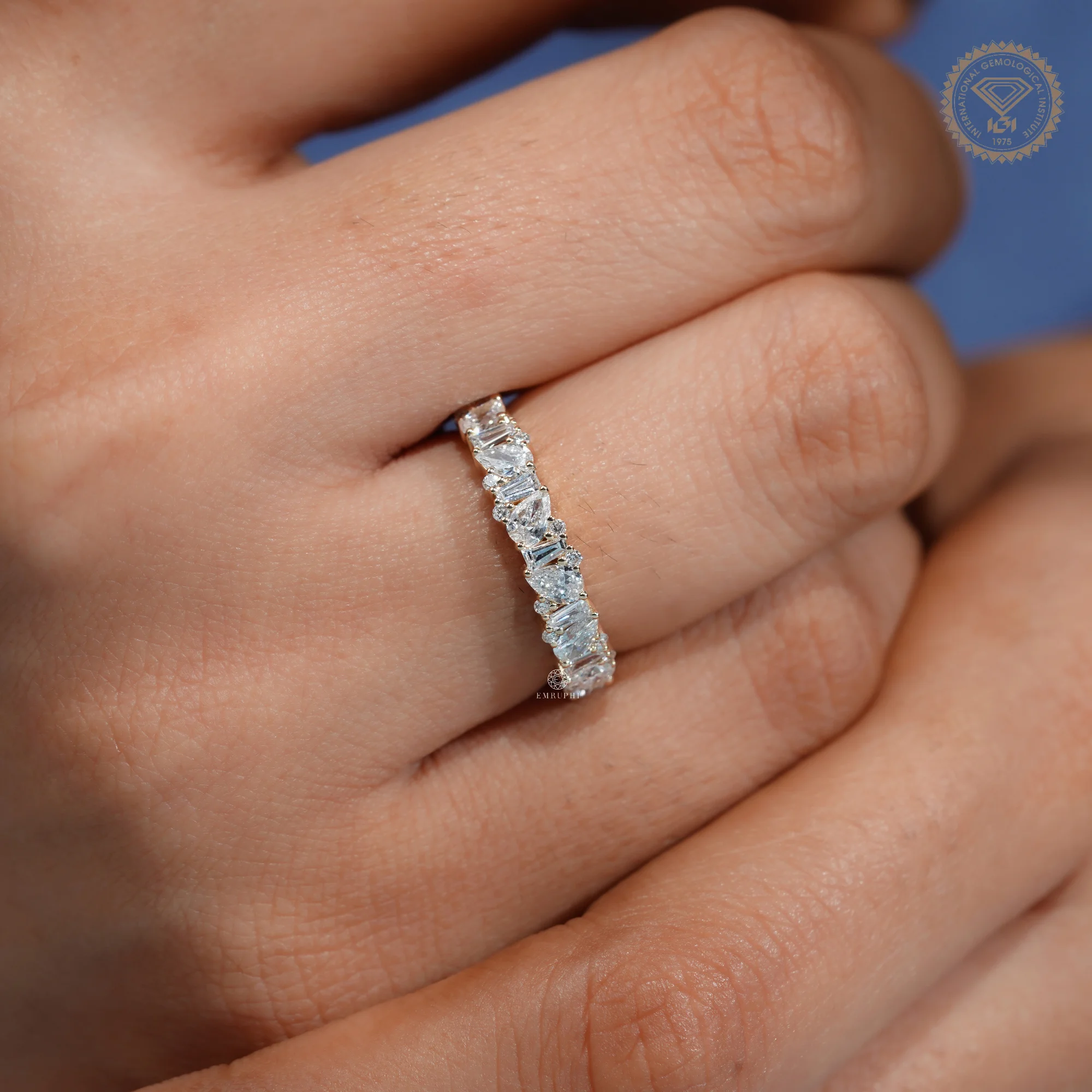Pear and Baguette Lab Grown Diamond Wedding Band, Mixed Shape Diamond Half Eternity Ring — view 12