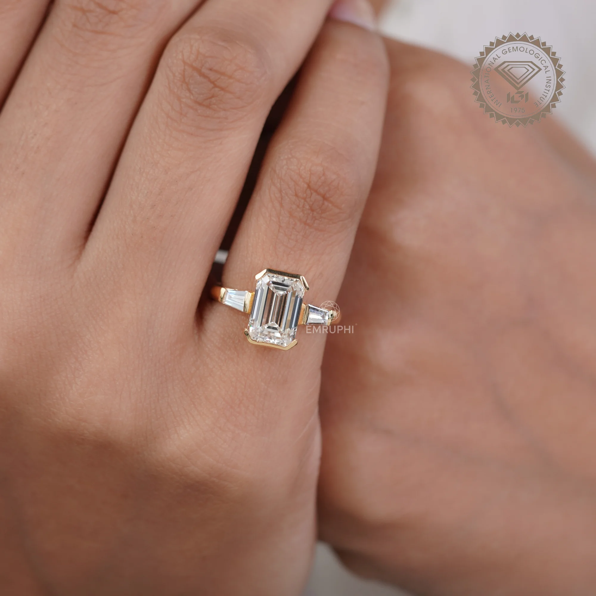 3 Carat Emerald Cut Lab Grown Diamond Ring, Tapered Baguette Ring — view 6