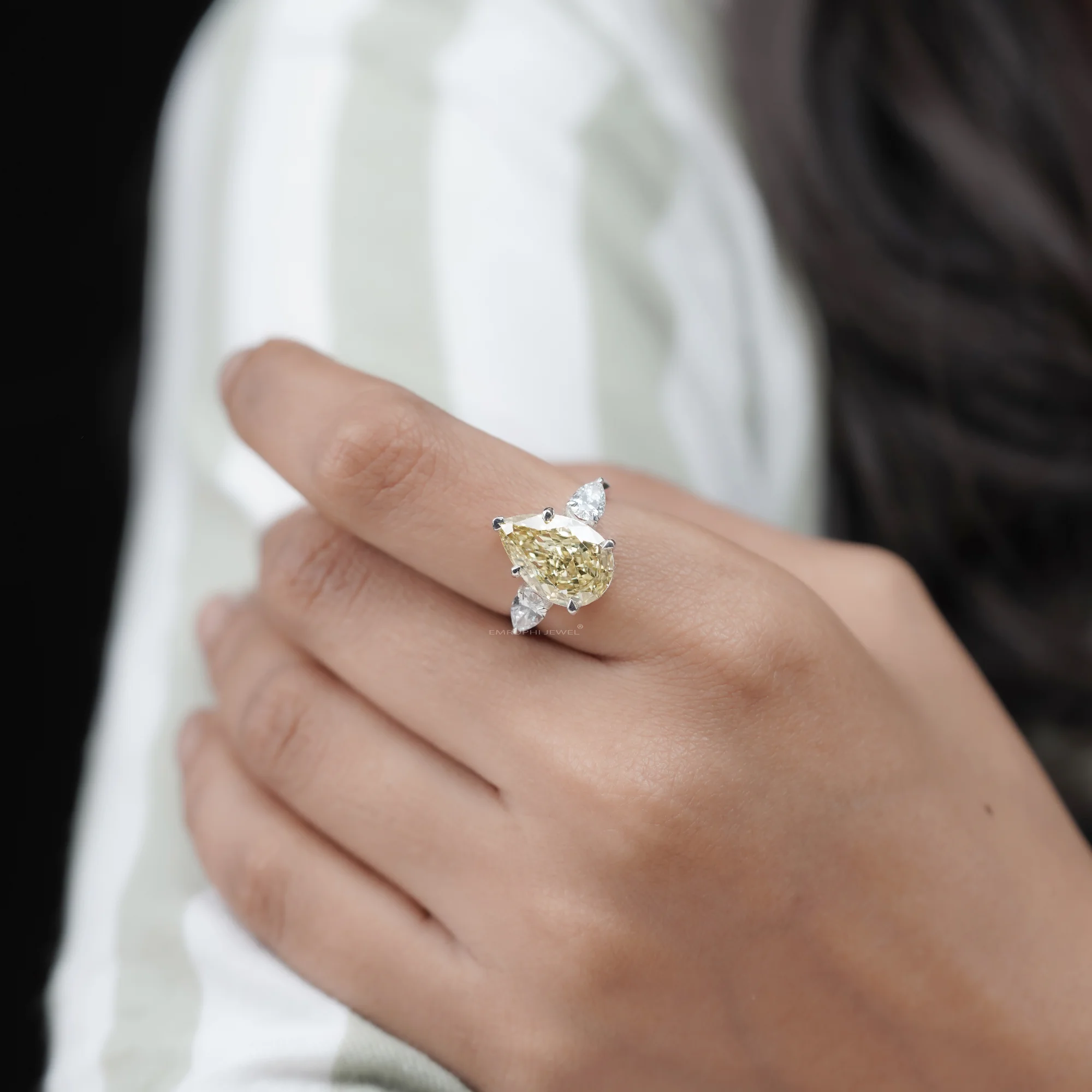4 CT Lab Grown Yellow Pear Cut Diamond Ring With Side Stones, Three-Stone Wedding Ring — view 5