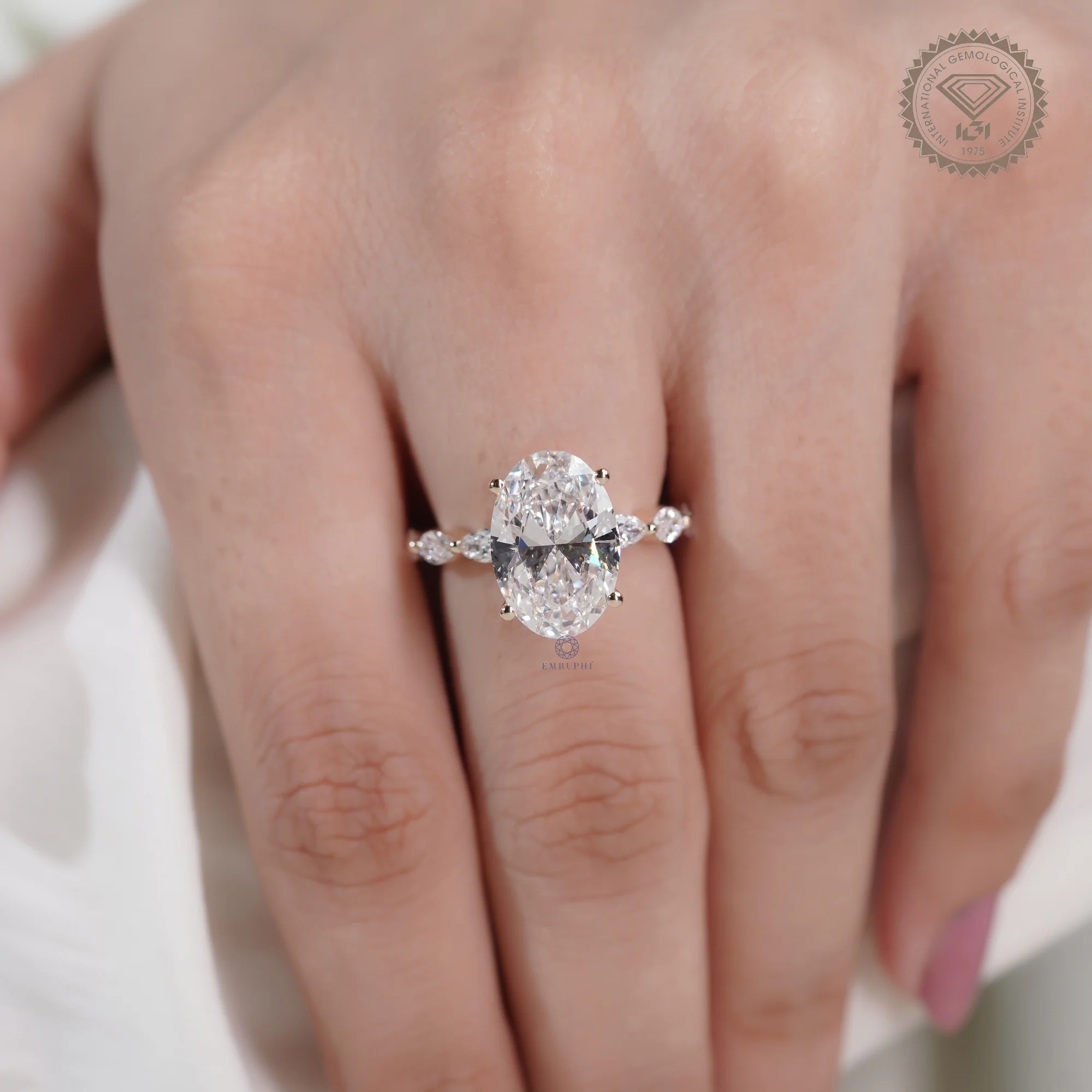 5 CT Oval Lab Grown Diamond Ring, Oval Diamond Engagement Ring, Marquise Side Stone Ring — view 11