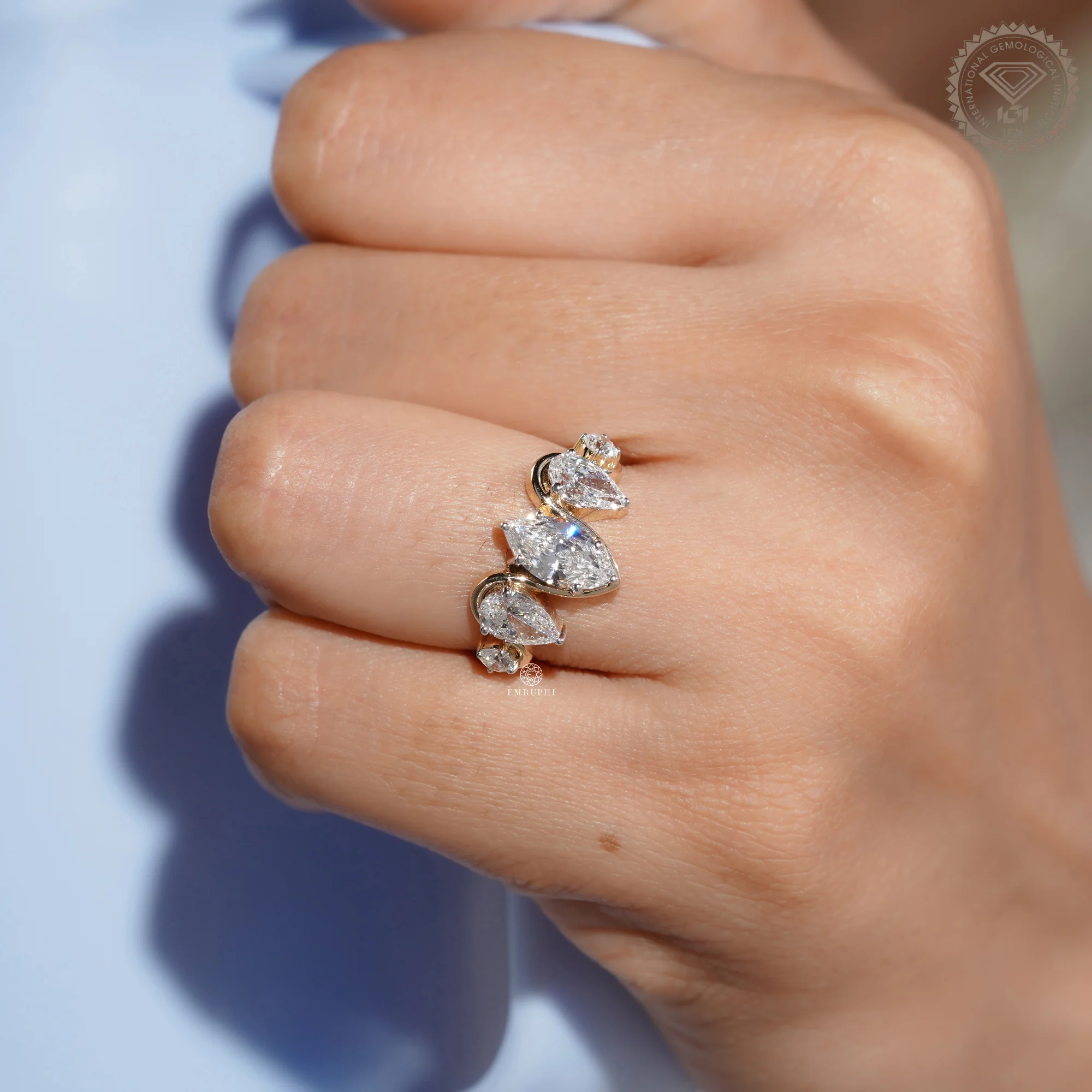 Marquise Pear Diamond Ring, Five Stone Cluster Engagement Ring, Two Tone Gold Wave Band — view 8