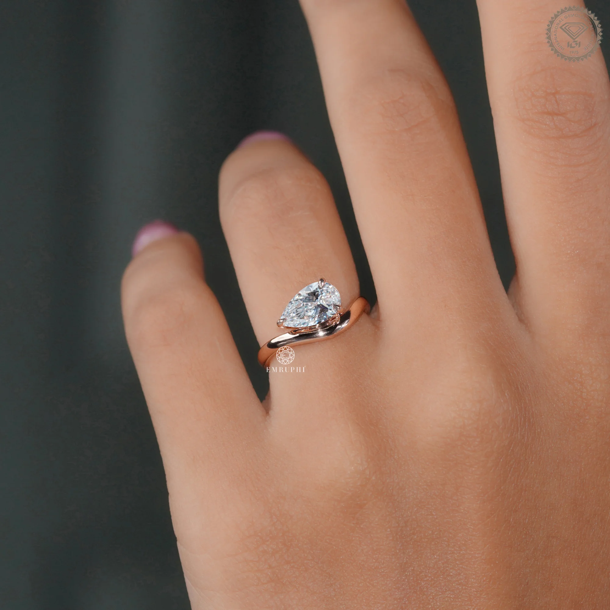 1 CT Pear Cut Lab Grown Diamond Engagement Ring, Curved Solitaire Ring — view 12