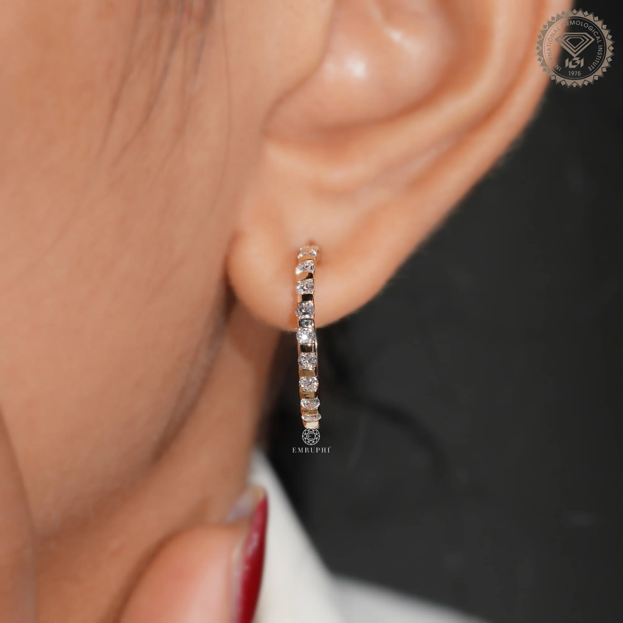 Round Cut Gold Hoop Earrings, Sustainable Dangle Pave Hoops, Channel Set Gold Hoops — view 7