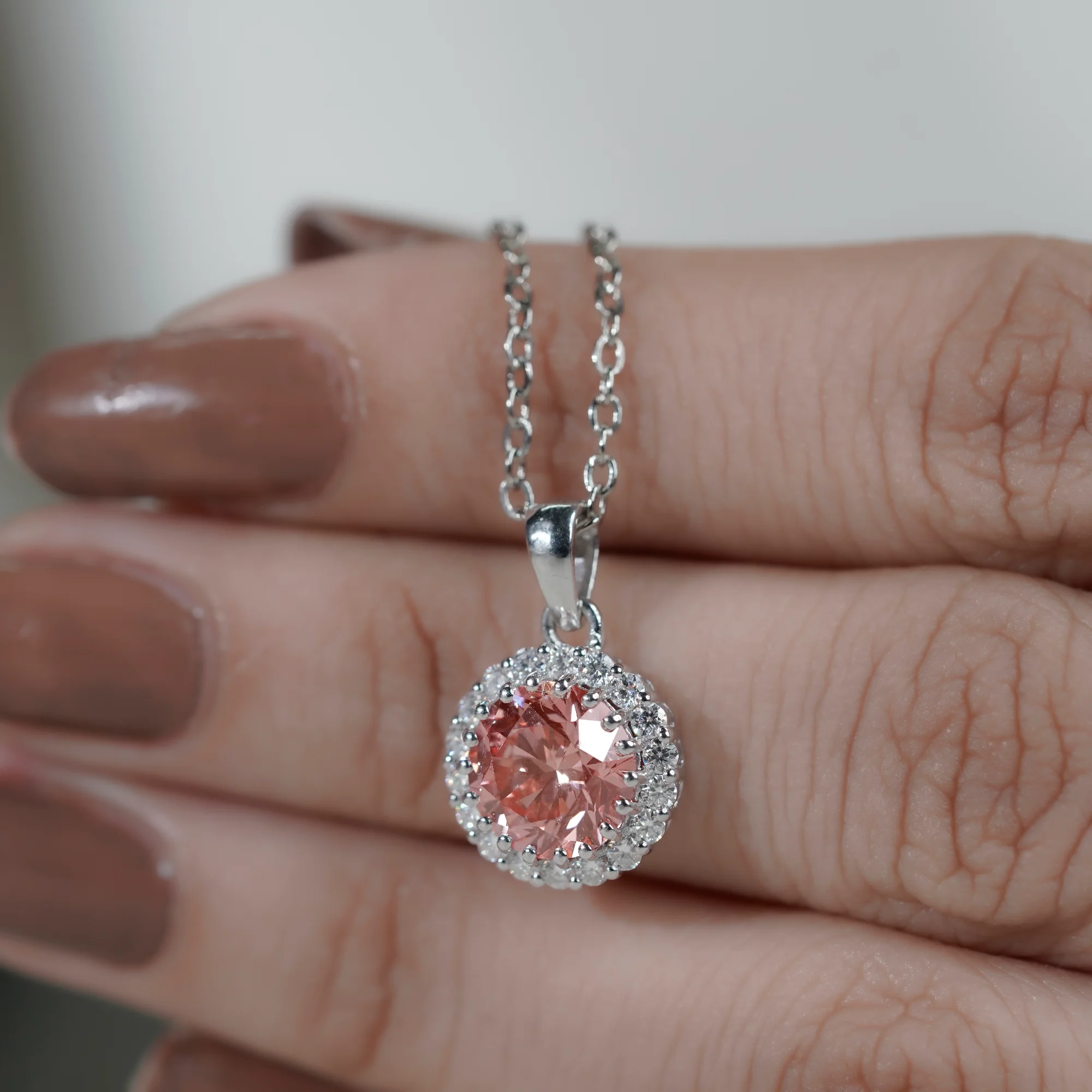 Vivid Pink Round Halo Pendant, Certified Lab Grown Diamond — view 6