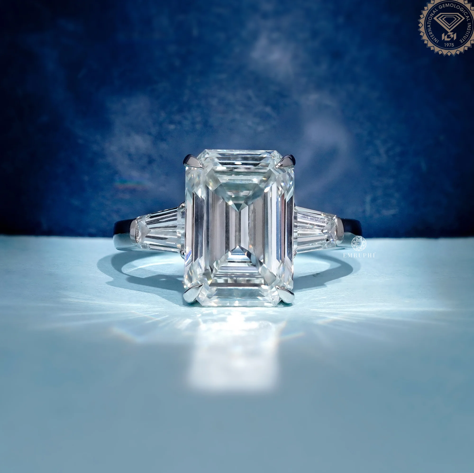 5.5 CT Emerald Cut Lab Diamond Ring with Tapered Baguette Side Stones, IGI Certified Diamond