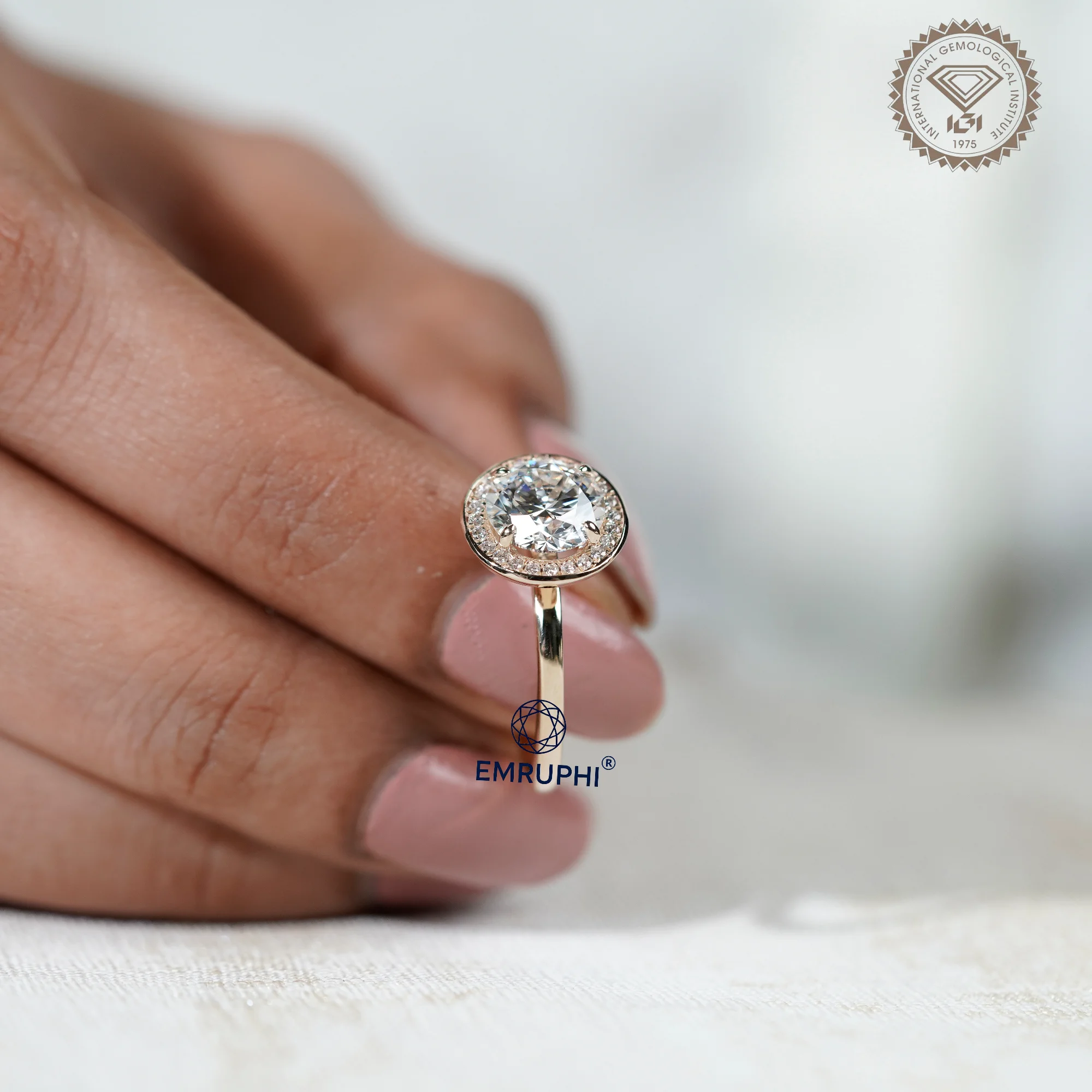 Round Cut Halo Engagement Ring in 14k Gold, Bezel Set Wedding Ring — view 5