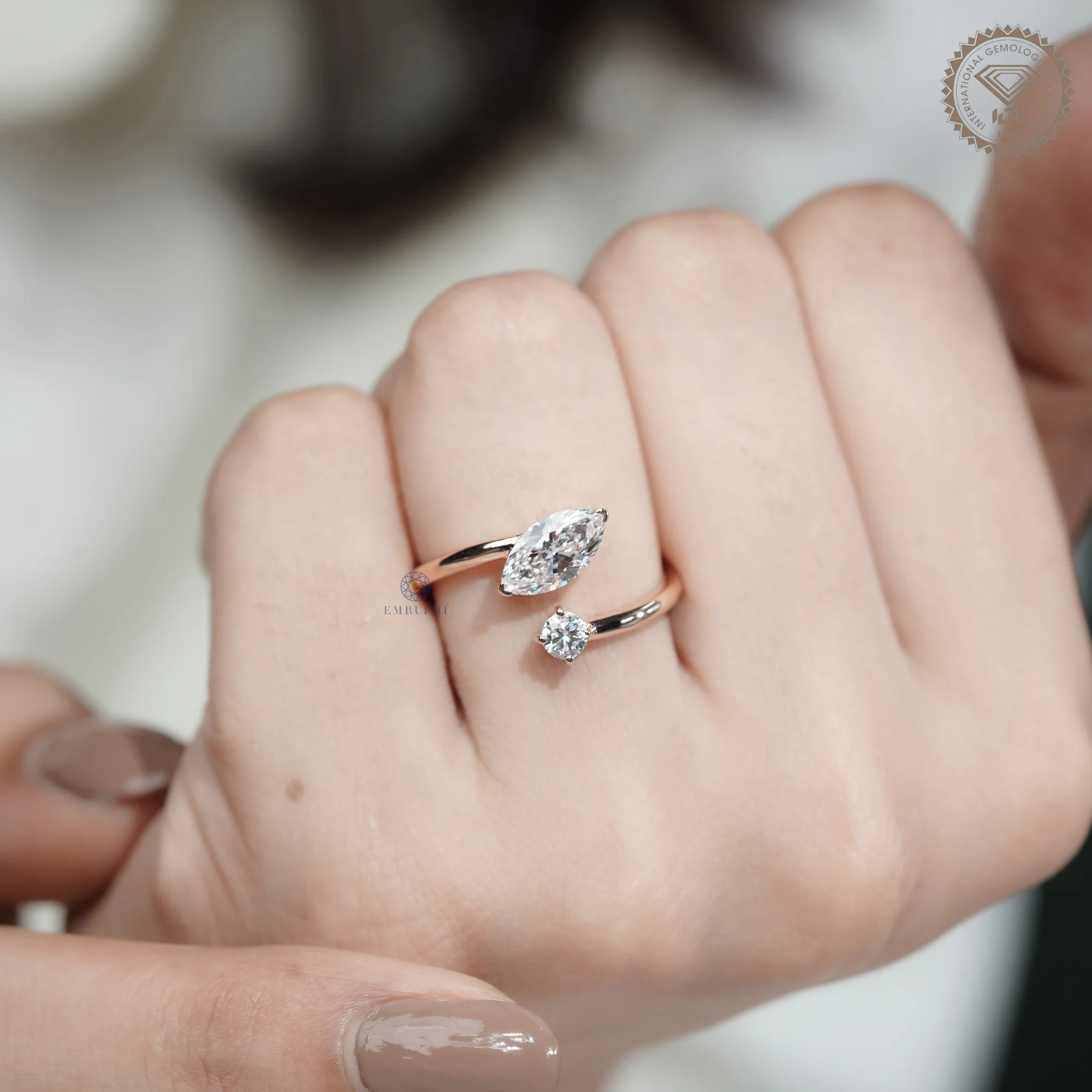 Marquise & Round Lab Grown Diamond Toi et Moi Ring, Open Wrap Engagement Ring, 14K Rose Gold Minimalist Bridal Ring — view 10