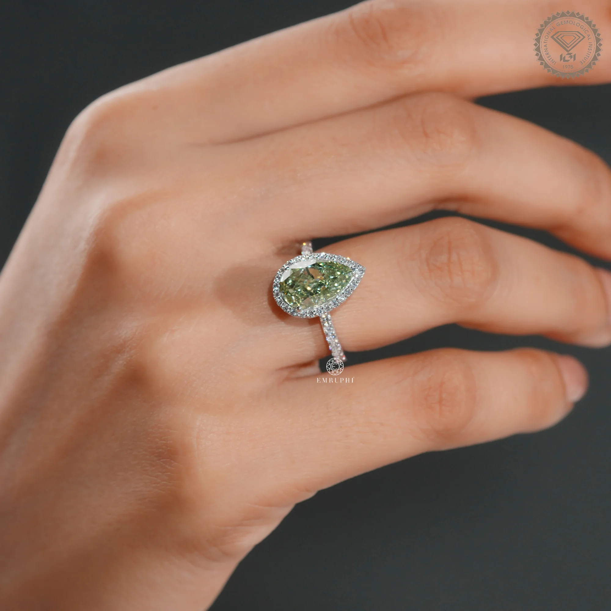 3.5 CT Pear Vivid Green Lab Grown Diamond Halo Ring, IGI Certified, Green Diamond Engagement Ring — view 9